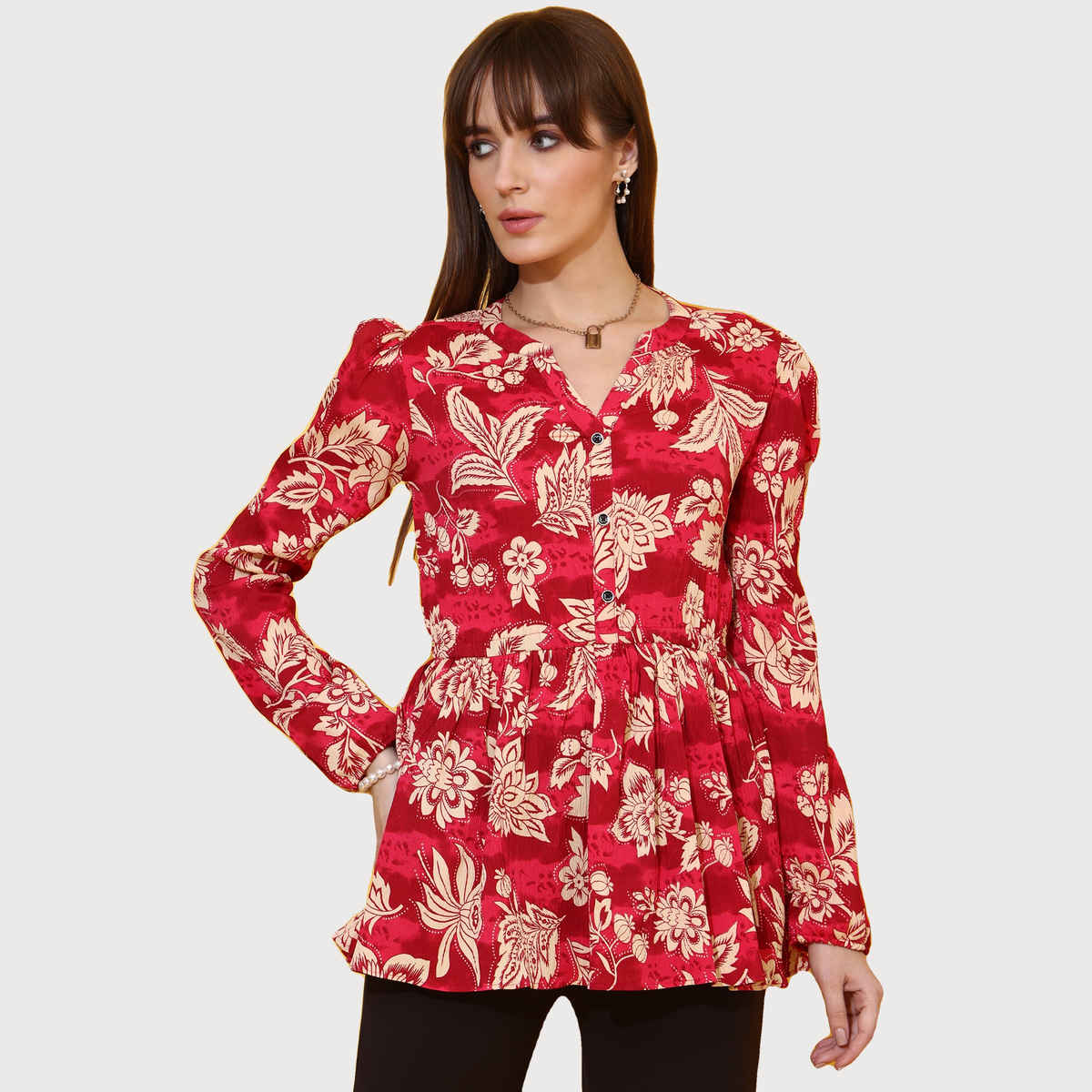 Sheetal Women's Floral Printed Mandarin Collar Peplum Crepe Top | 5204 | Red - S