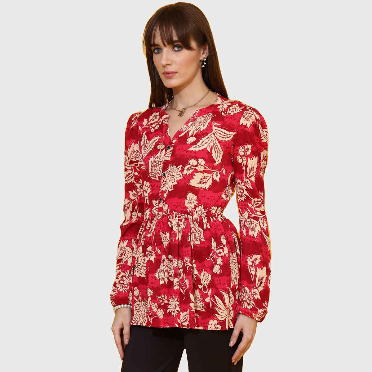 Sheetal Women's Floral Printed Mandarin Collar Peplum Crepe Top | 5204 | Red - S