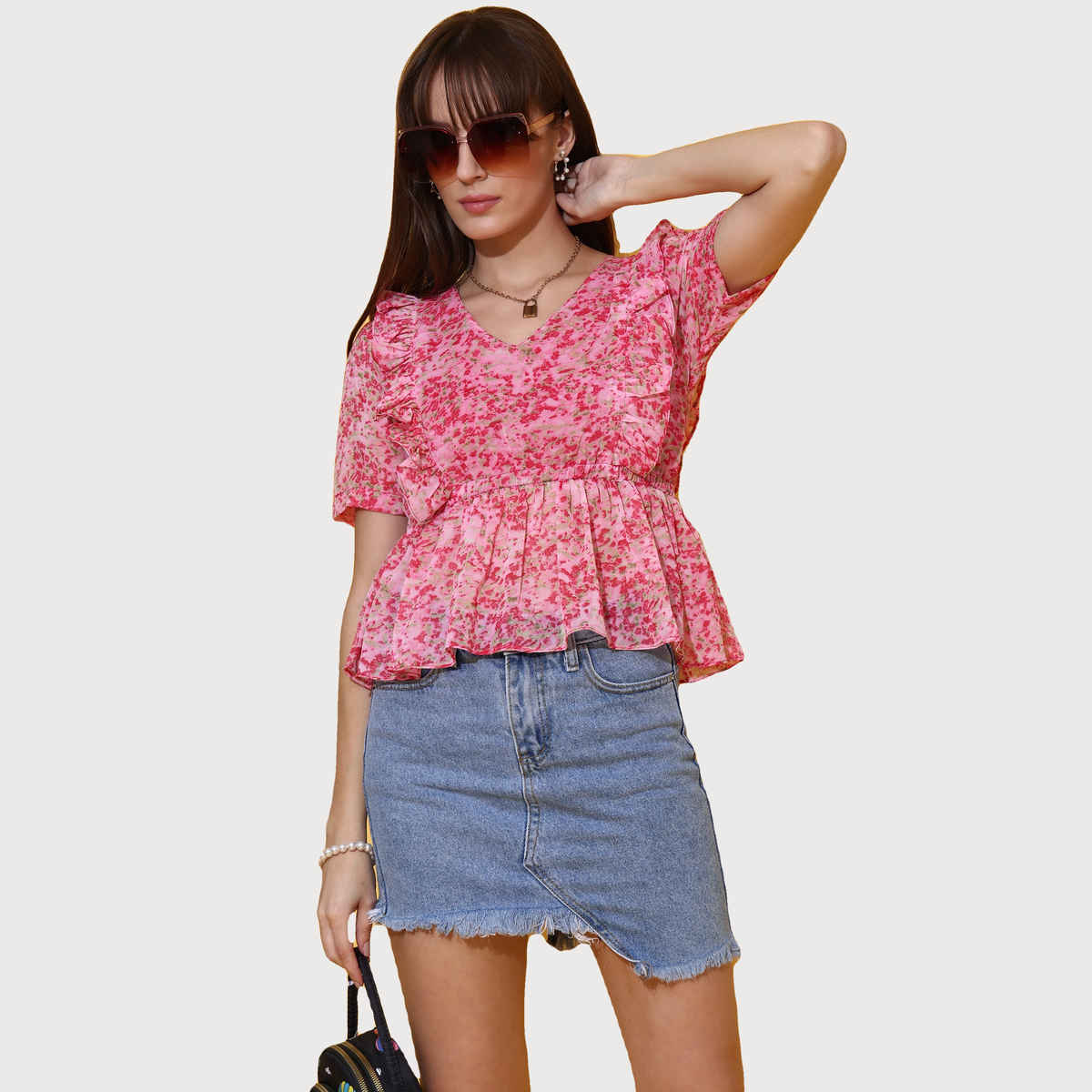 Sheetal Women's Floral Print Peplum Top | 5216 | Pink - XL