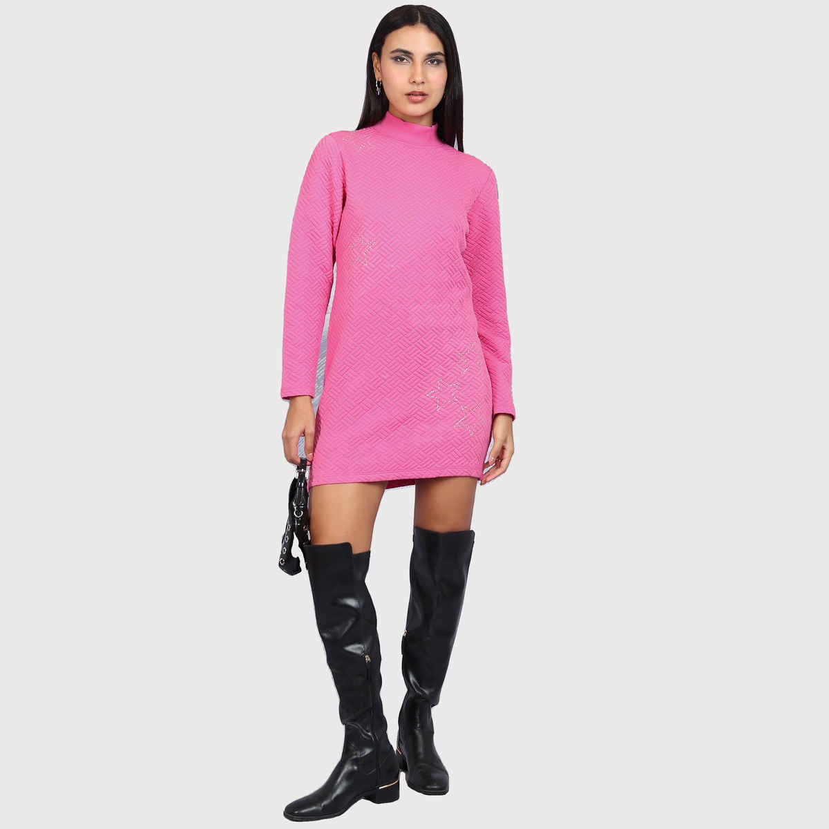 Tokyo Talkies Women's Self Design Embellished Sheath Mini Dress | Pink - L