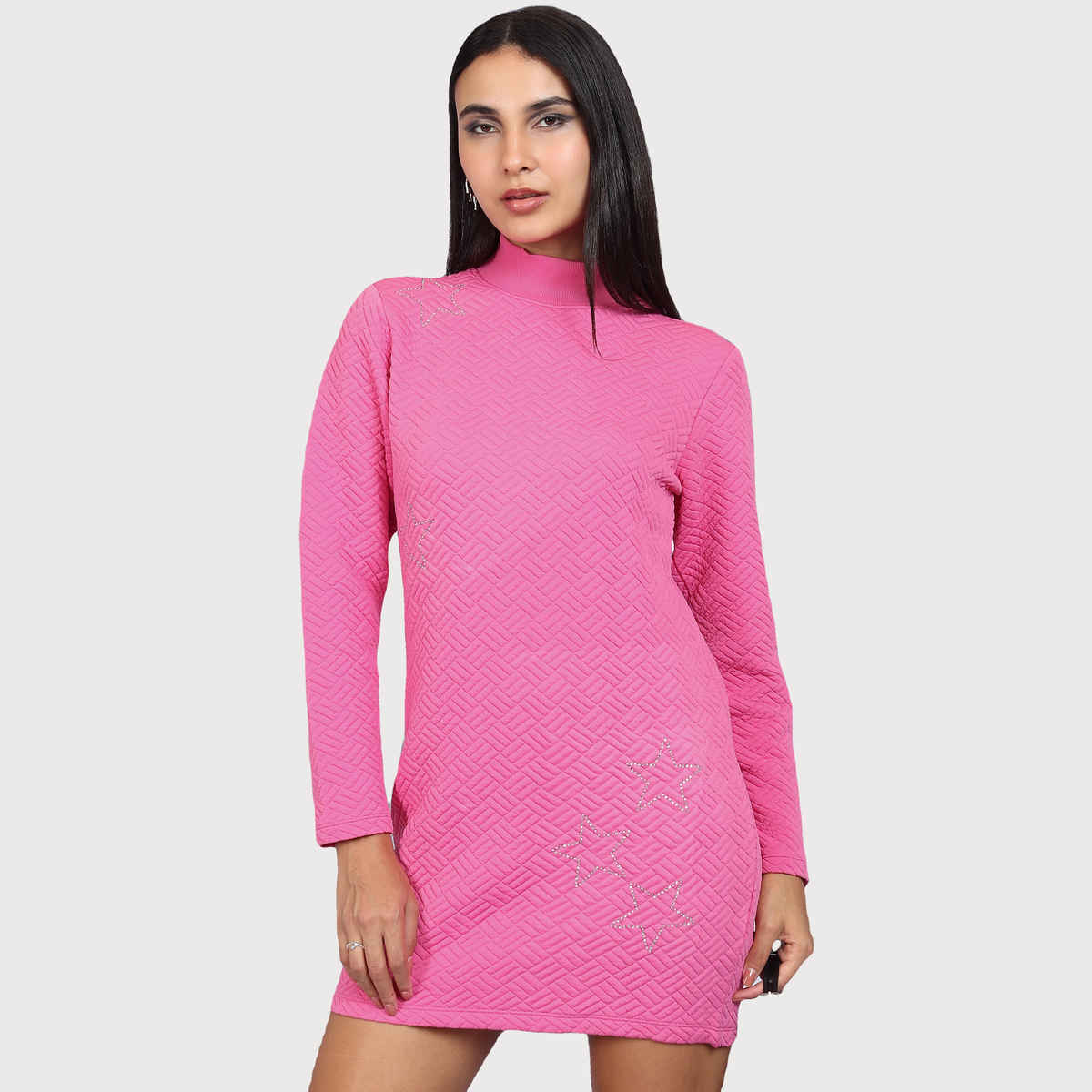 Tokyo Talkies Women's Self Design Embellished Sheath Mini Dress | Pink - L