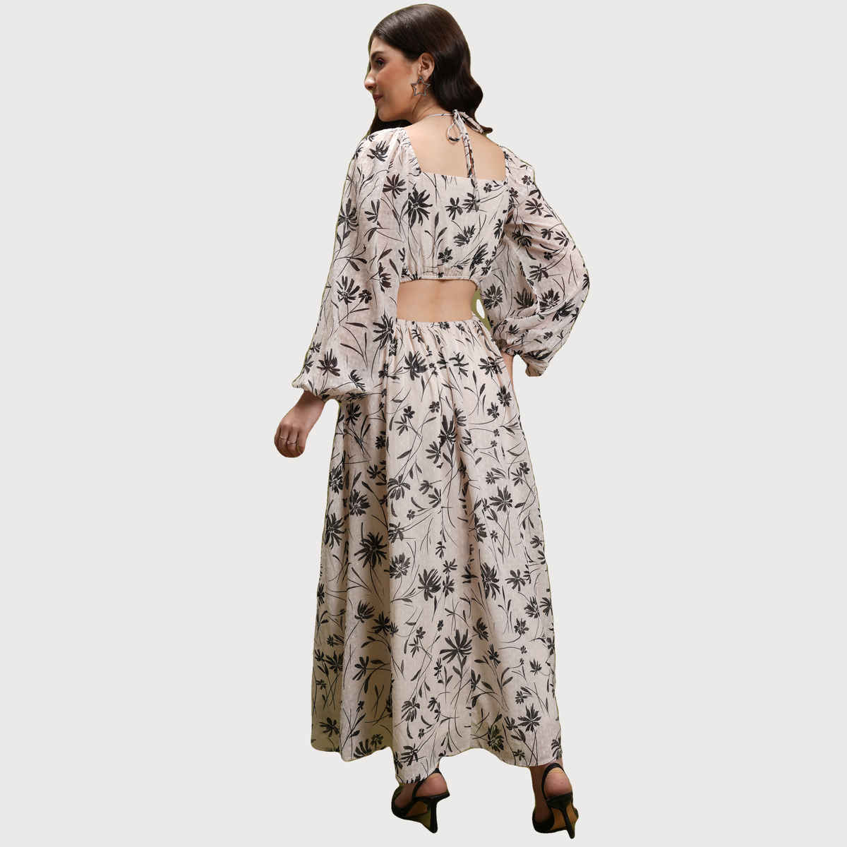 Tokyo Talkies Women's Floral Printed Tie Up Neck Puff Sleeve Cut Out Maxi Dress | Off White - S