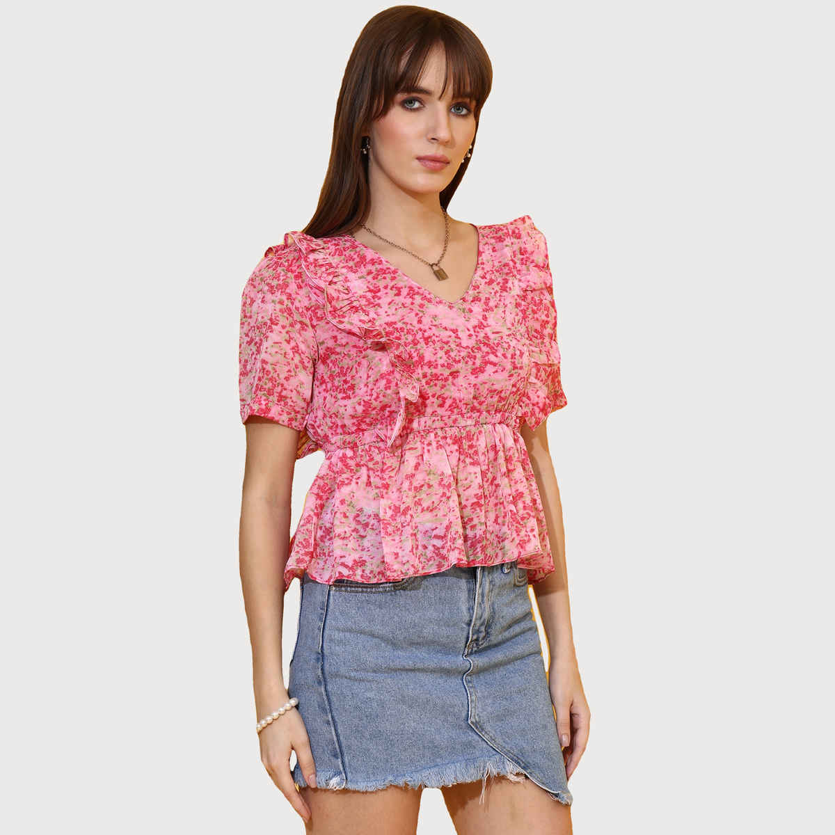 Sheetal Women's Floral Print Peplum Top | 5216 | Pink - S