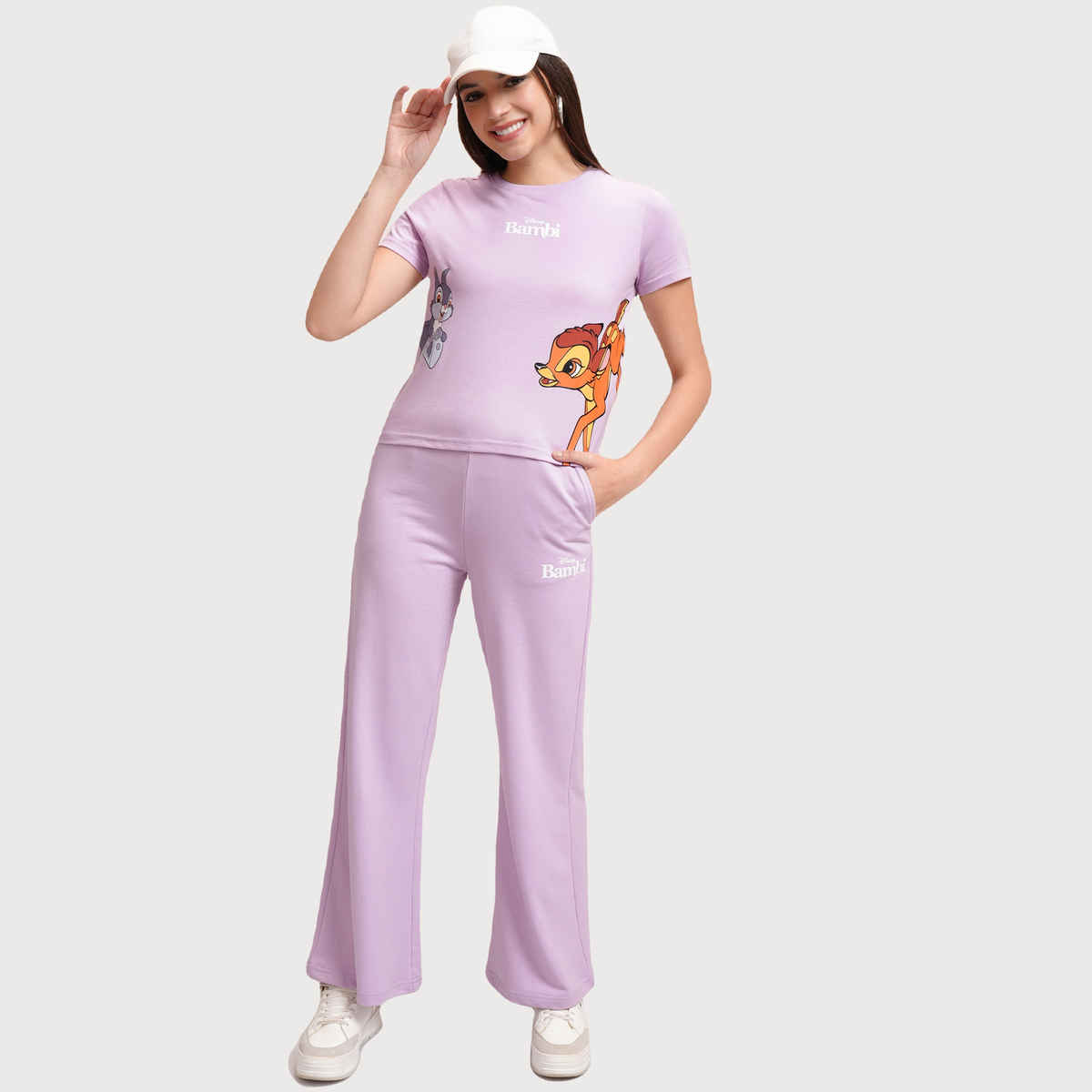 Tokyo Talkies Women's Disney Bambi Printed T-shirt with Trouser Sleepwear Set | Lavender - S