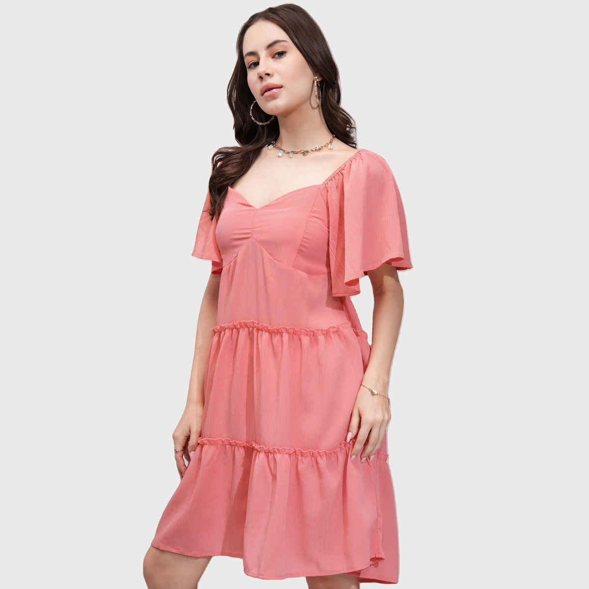 Tokyo Talkies Women's Flutter Sleeves Fit And Flare Dress | Red - M