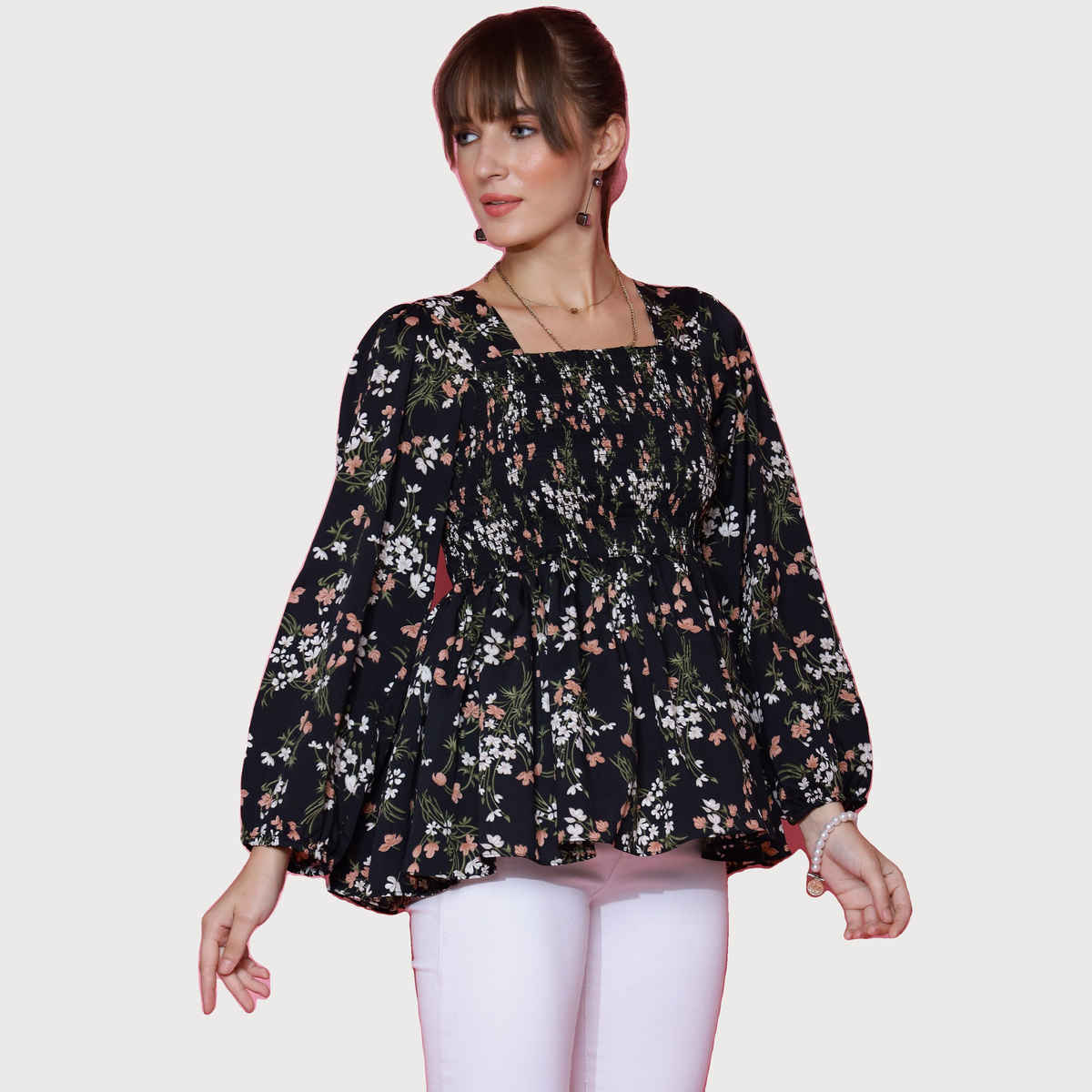 Sheetal Women's Bishop Sleeve Printed Top | 5101 | Black - L