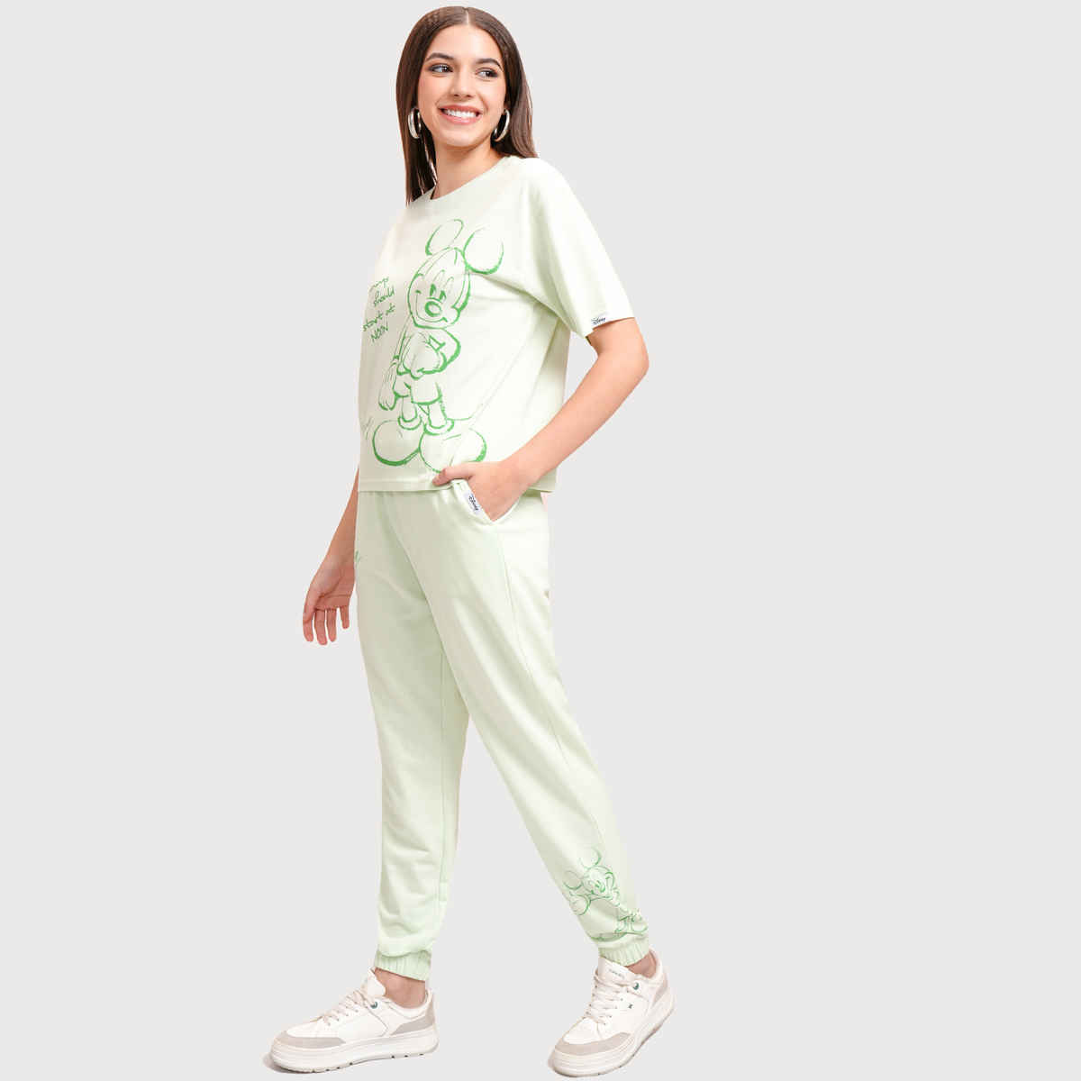 Tokyo Talkies Women's Disney Mickey Mouse Printed Sleepwear Coord Set | Green - M