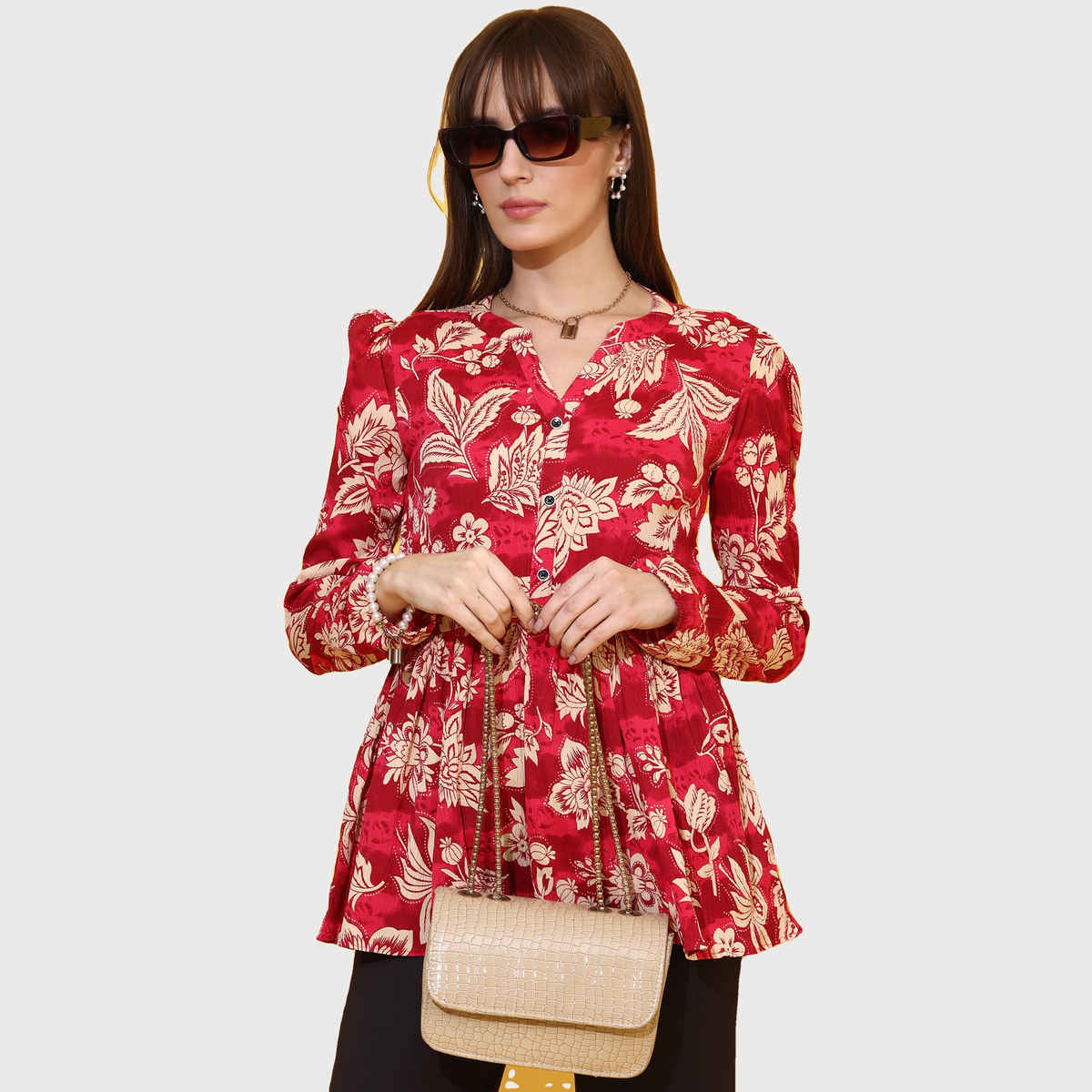 Sheetal Women's Floral Printed Mandarin Collar Peplum Crepe Top | 5204 | Red - M