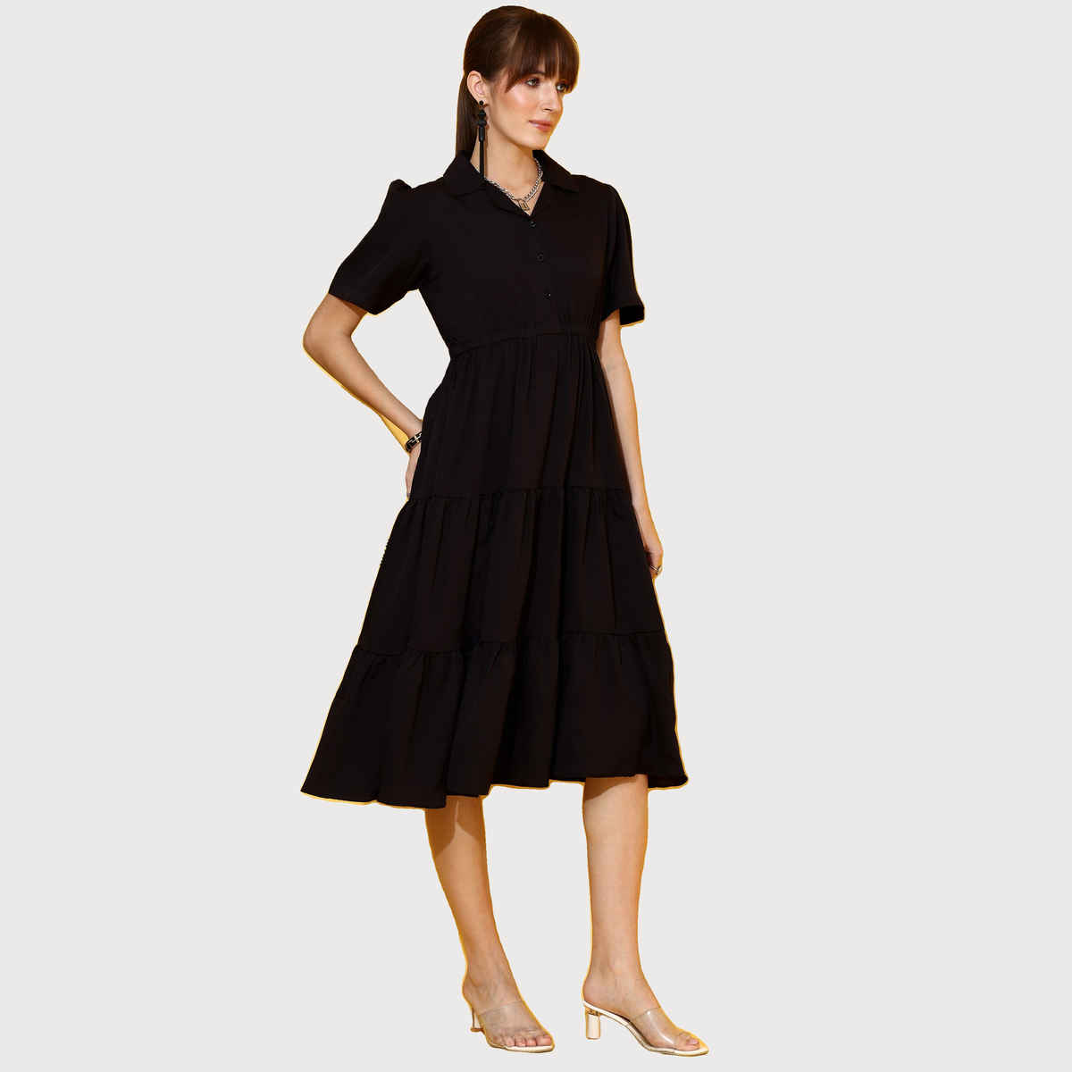 Sheetal Women's Shirt Collar Fit And Flare Midi Dress | 11621 | Black | L