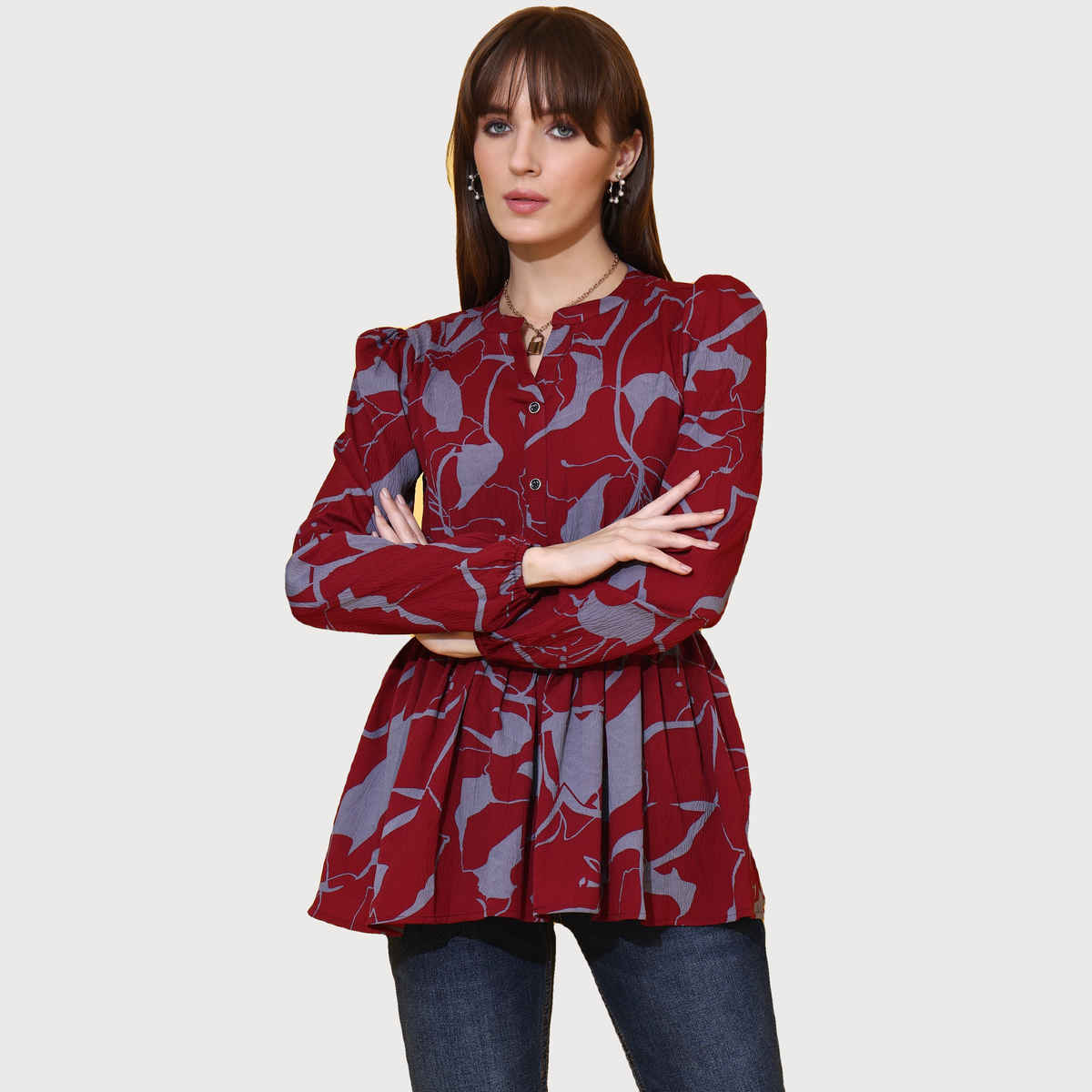 Sheetal Women's Floral Print Mandarin Collar Crepe Top | 5207 | Maroon - M