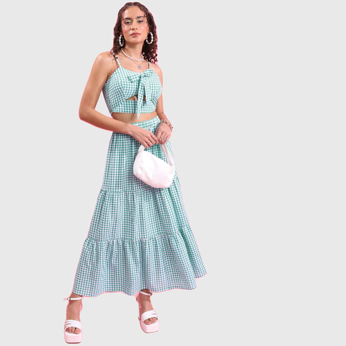 Tokyo Talkies Women's Check Cut Out Cropped Fitted Top with Maxi Skirt | Green - M