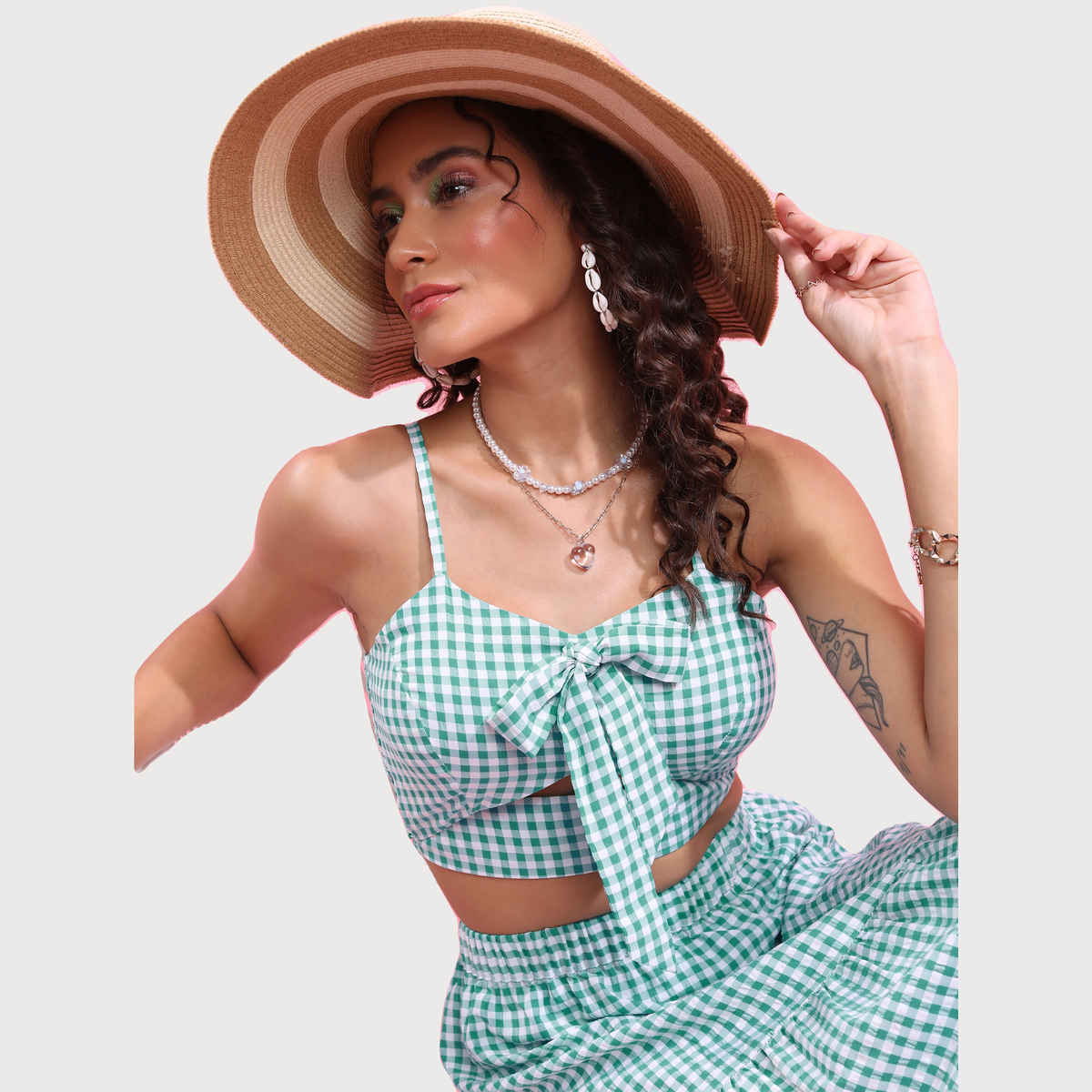 Tokyo Talkies Women's Check Cut Out Cropped Fitted Top with Maxi Skirt | Green - M