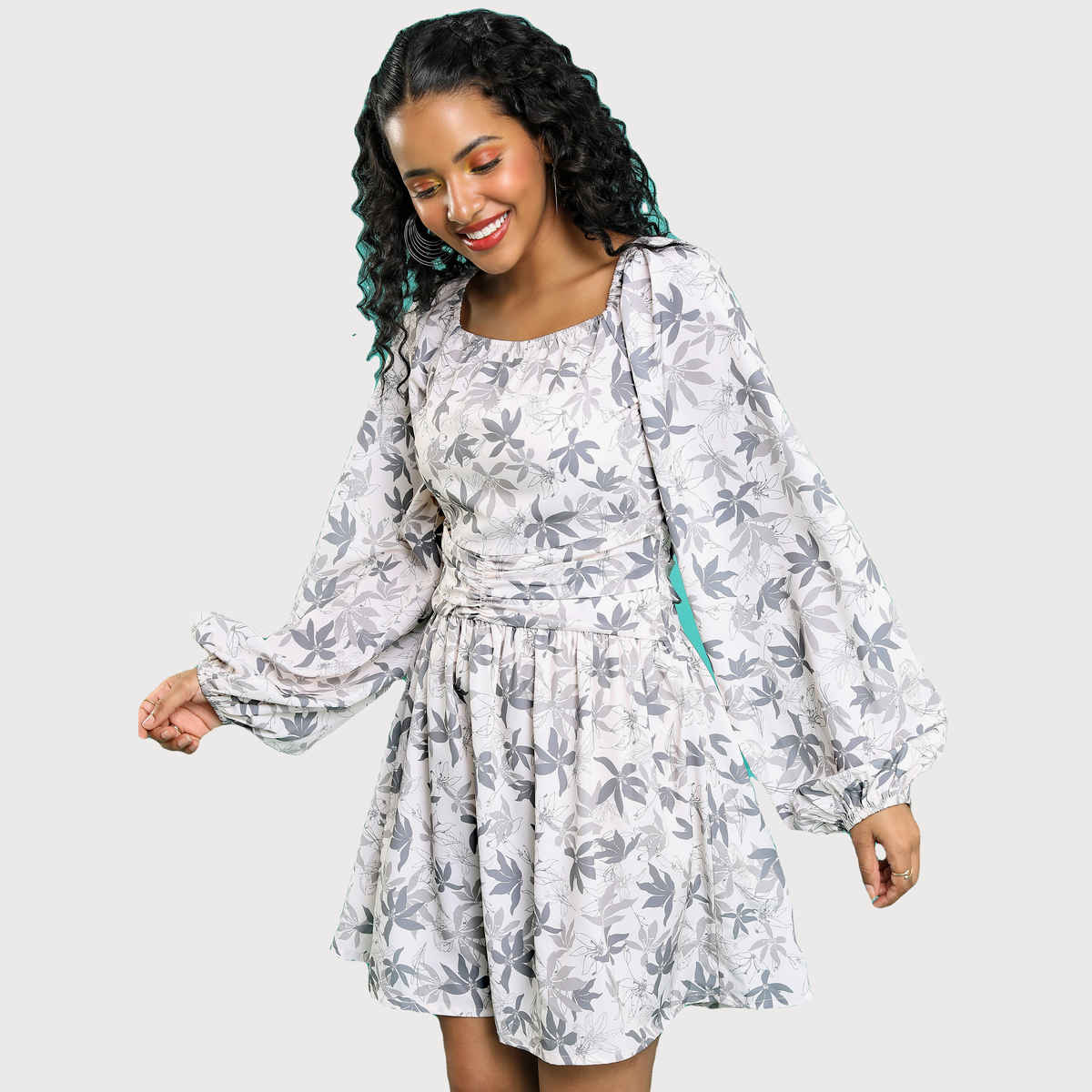 Tokyo Talkies Women's Floral Printed Square Neck Fit Flare Dress | Multicolour - XL