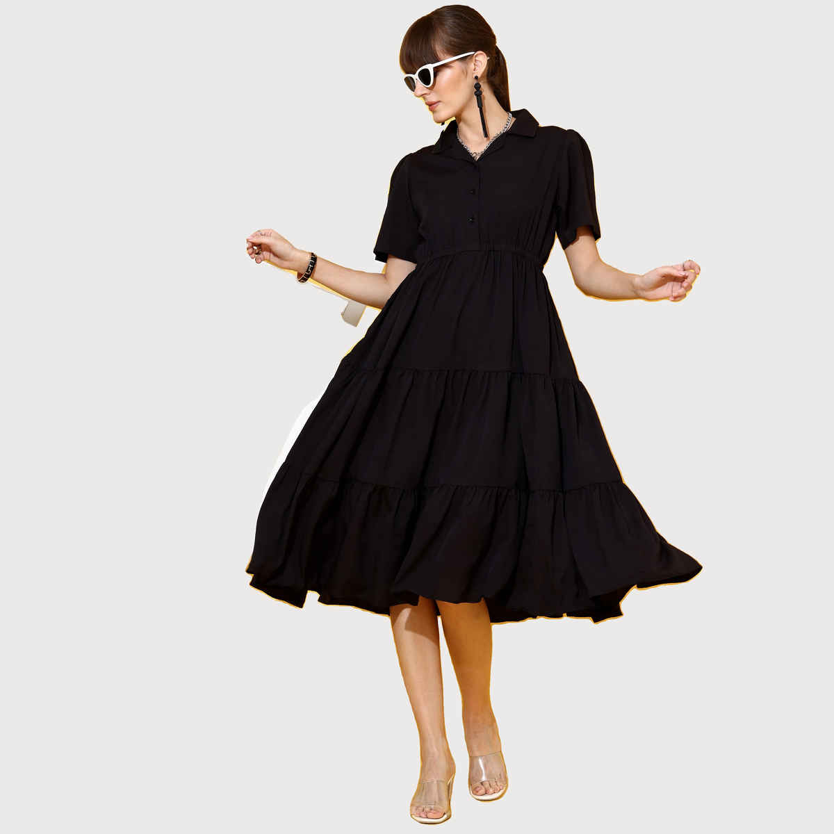 Sheetal Women's Shirt Collar Fit And Flare Midi Dress | 11621 | Black | L