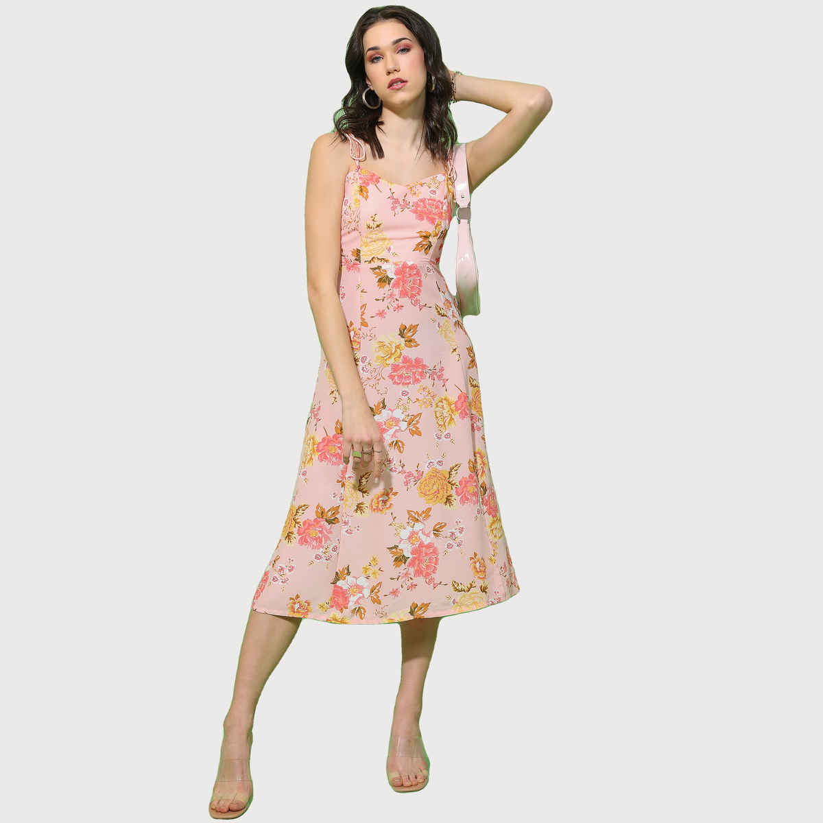 Tokyo Talkies Women's Floral Printed A-Line Midi Dress | Pink - M