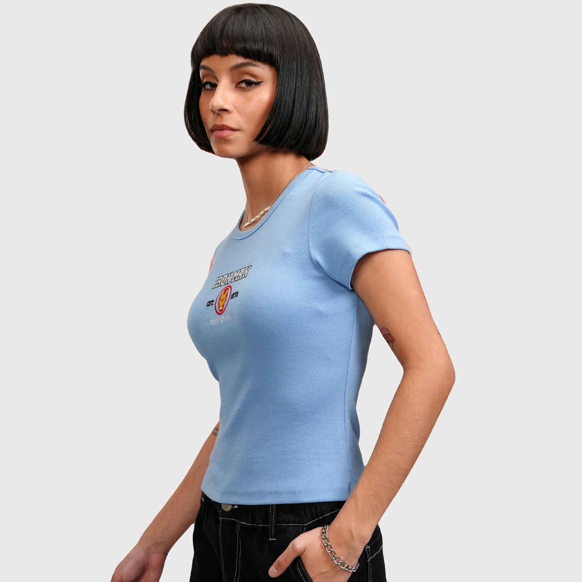Tokyo Talkies Women's Marvel Iron Man Embroidered Rib T-shirt | Blue - M