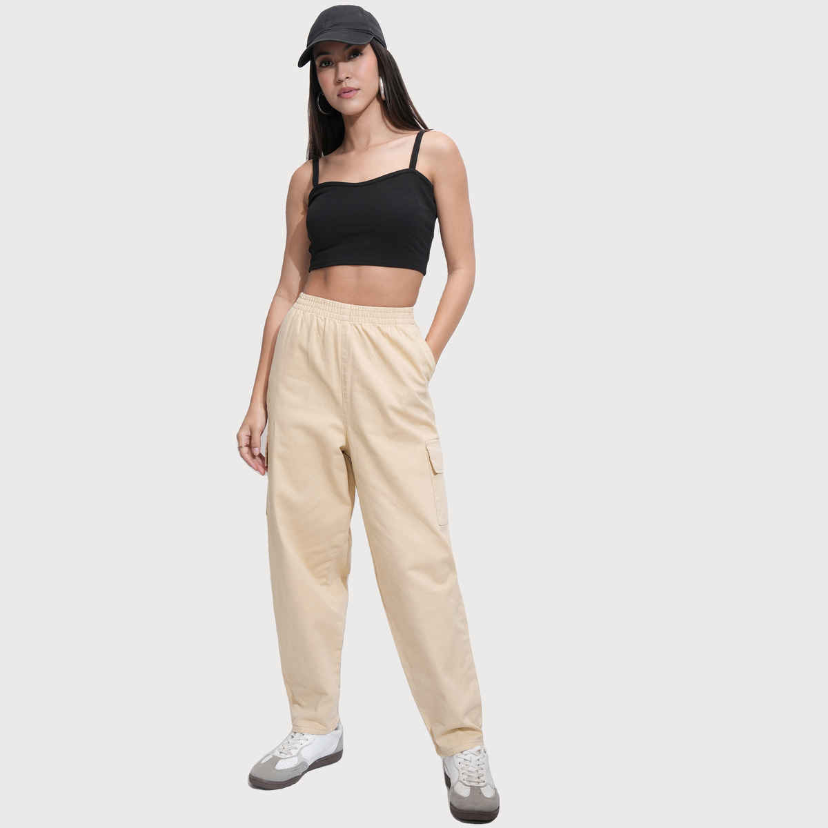 Tokyo Talkies Women's Mid Rise Mom Fit Cargo Trouser | Beige - M