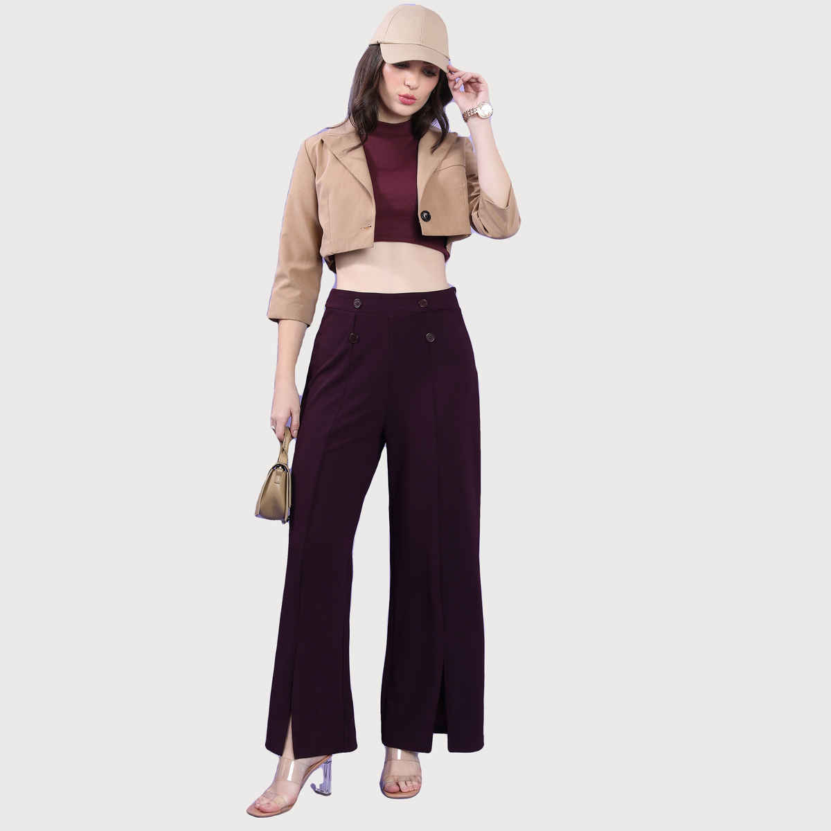 Tokyo Talkies Women's High-Rise Flared Parallel Trouser | Plum - 32