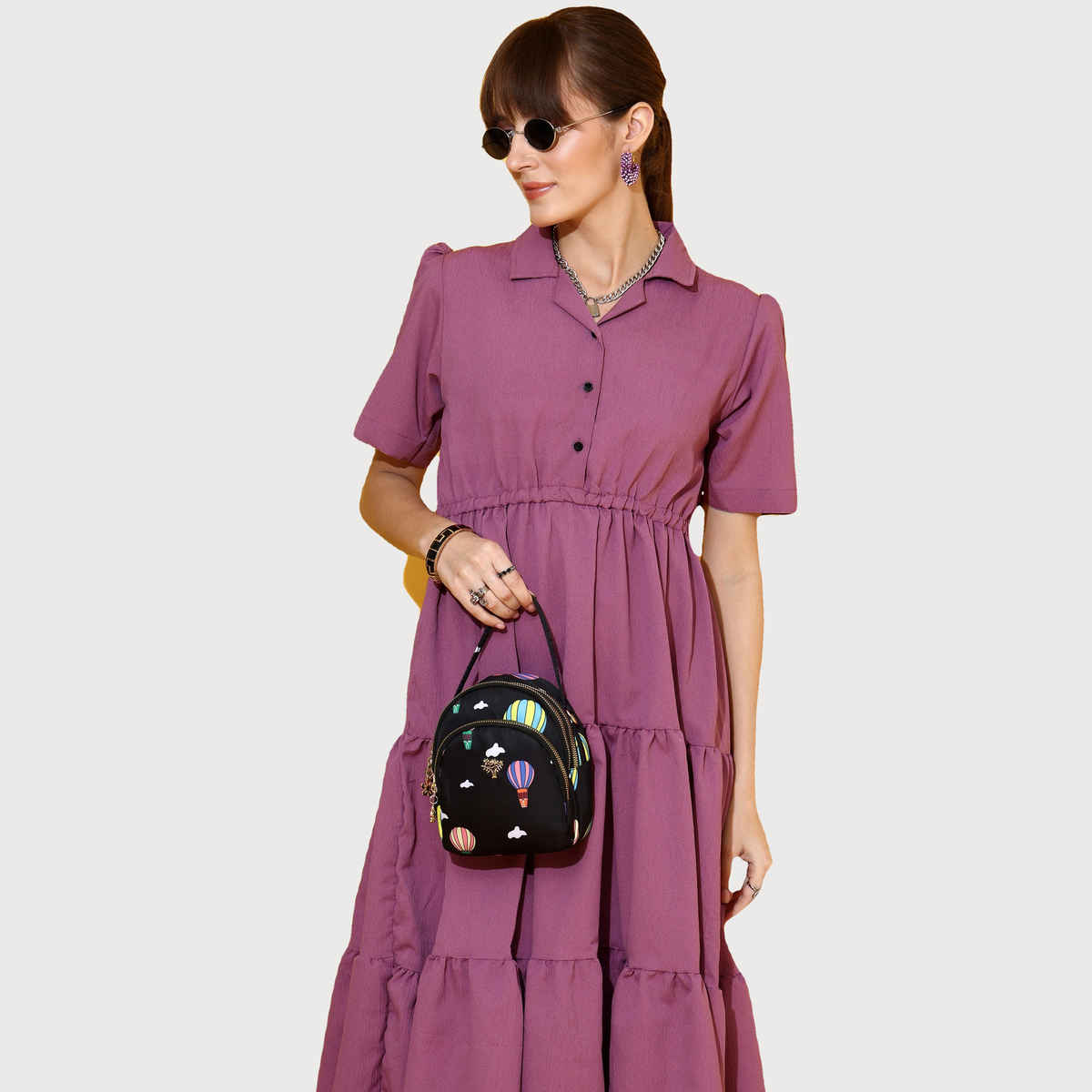 Sheetal Women's Purple Tiered Shirt Midi Dress | 11624 | Purple - S