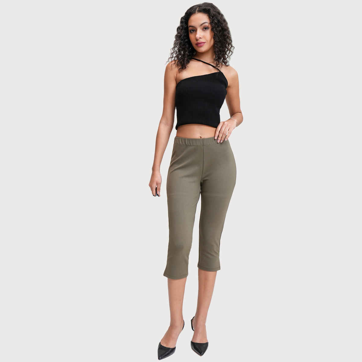 Tokyo Talkies Women's Solid Stretchy Capri Pants with Slits | Olive - 28