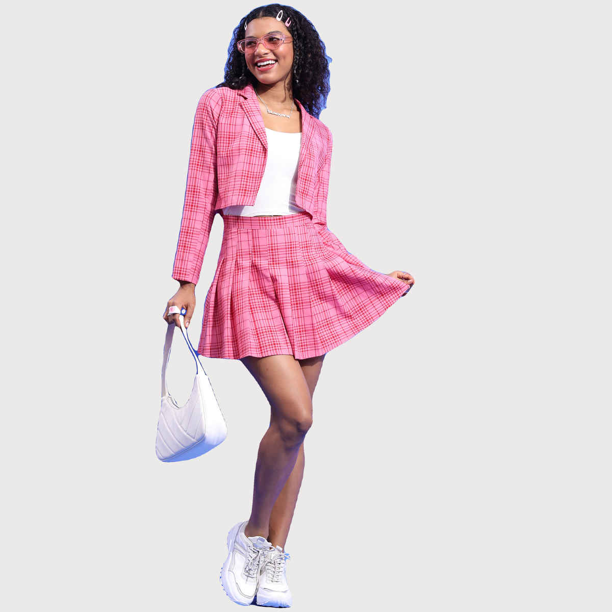 Tokyo Talkies Women's Blazer and Matching Pleated Skirt Co-Ords | Pink - S