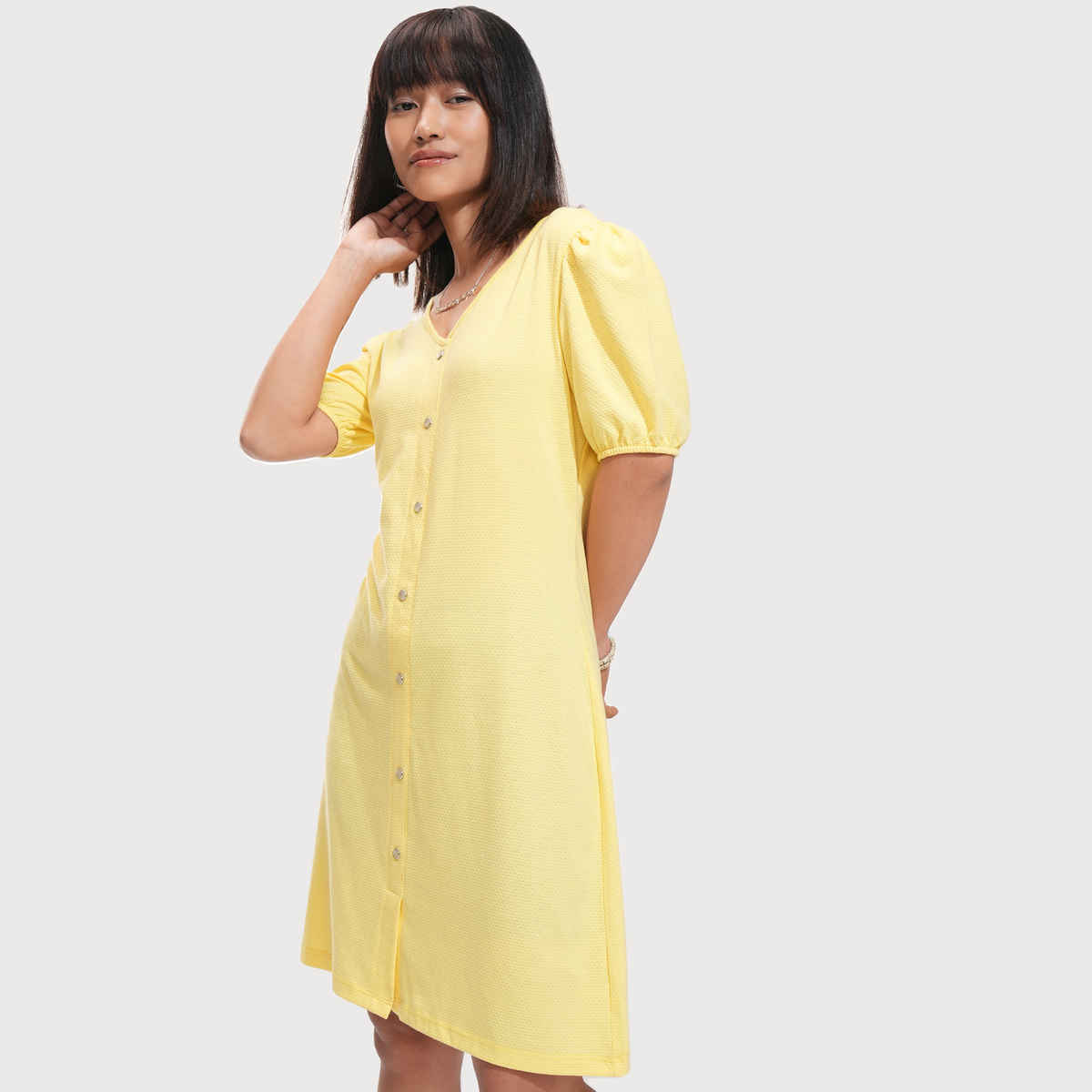 Tokyo Talkies Women's Textured A-Line Knitted Mini Dress | Yellow - XL
