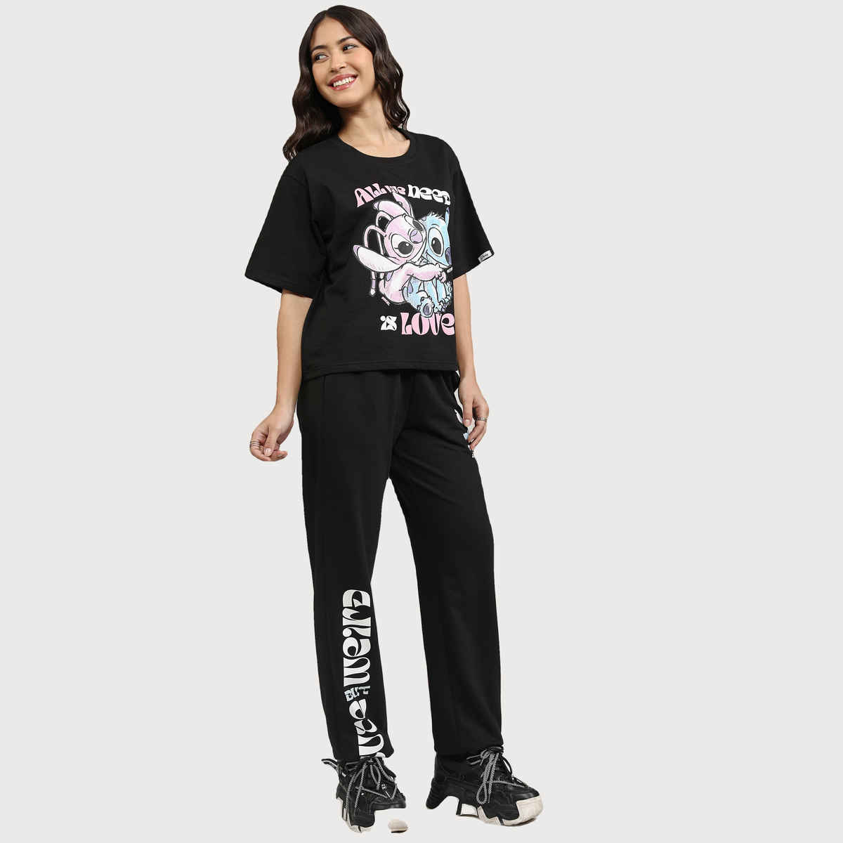 Tokyo Talkies Women's Disney Stitch T-shirt with Jogger Co-Ords | Black - L