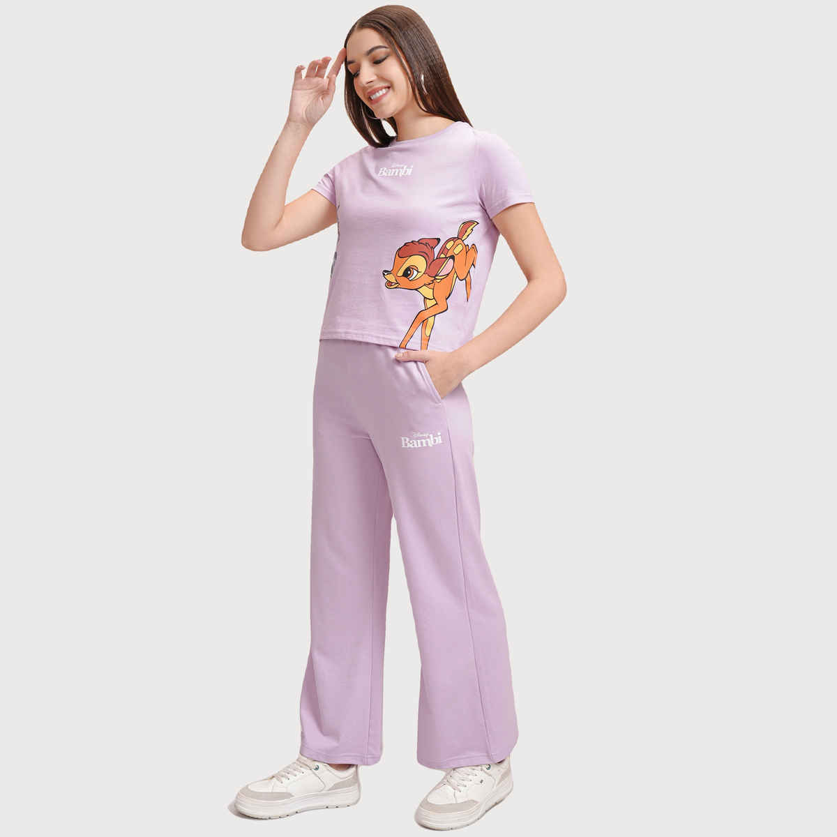 Tokyo Talkies Women's Disney Bambi Printed T-shirt with Trouser Sleepwear Set | Lavender - XL