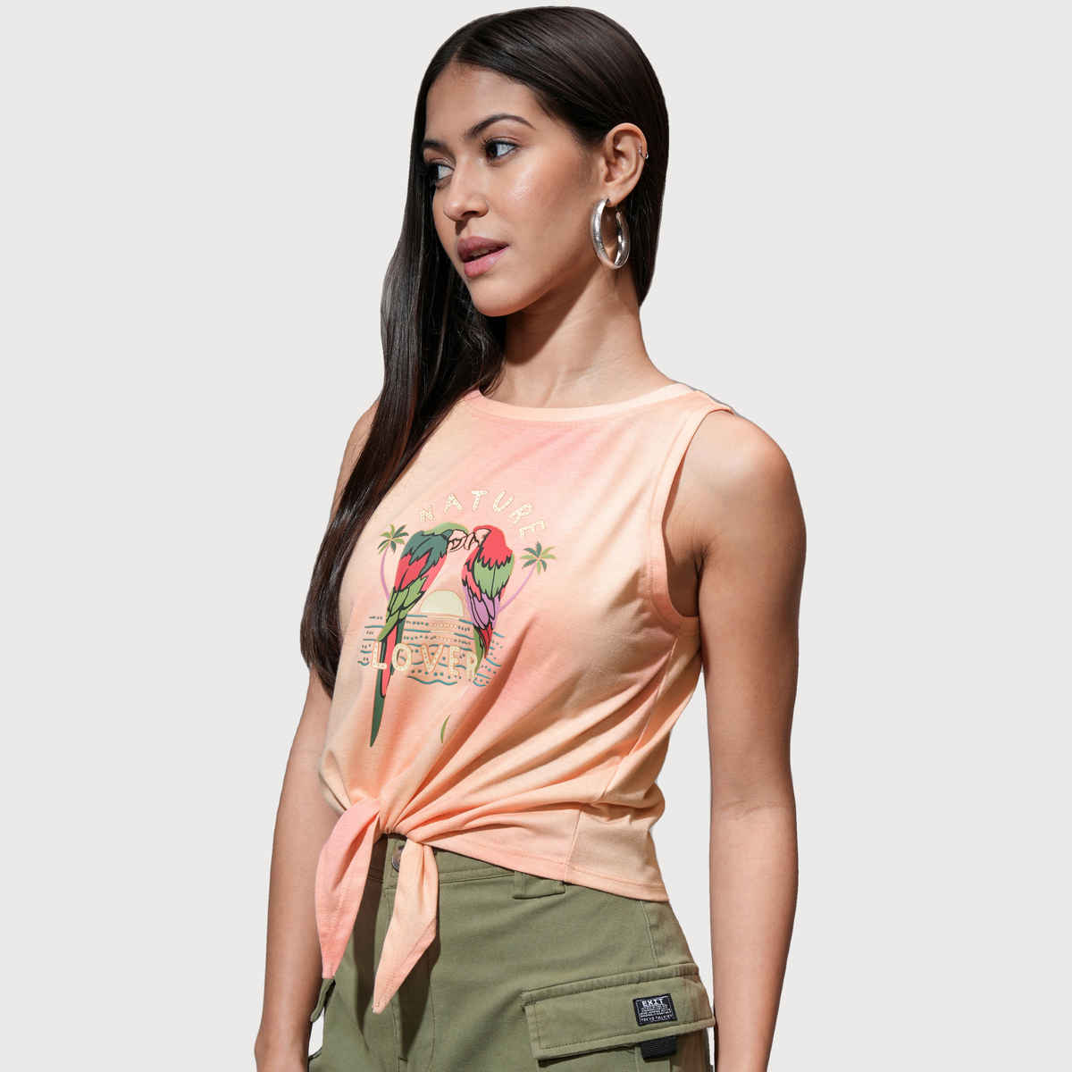 Tokyo Talkies Women's Printed Front Tie Up Sleeveless Crop Top | Multicolour - S