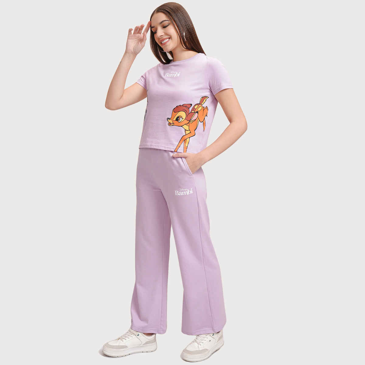Tokyo Talkies Women's Disney Bambi Printed T-shirt with Trouser Sleepwear Set | Lavender - M