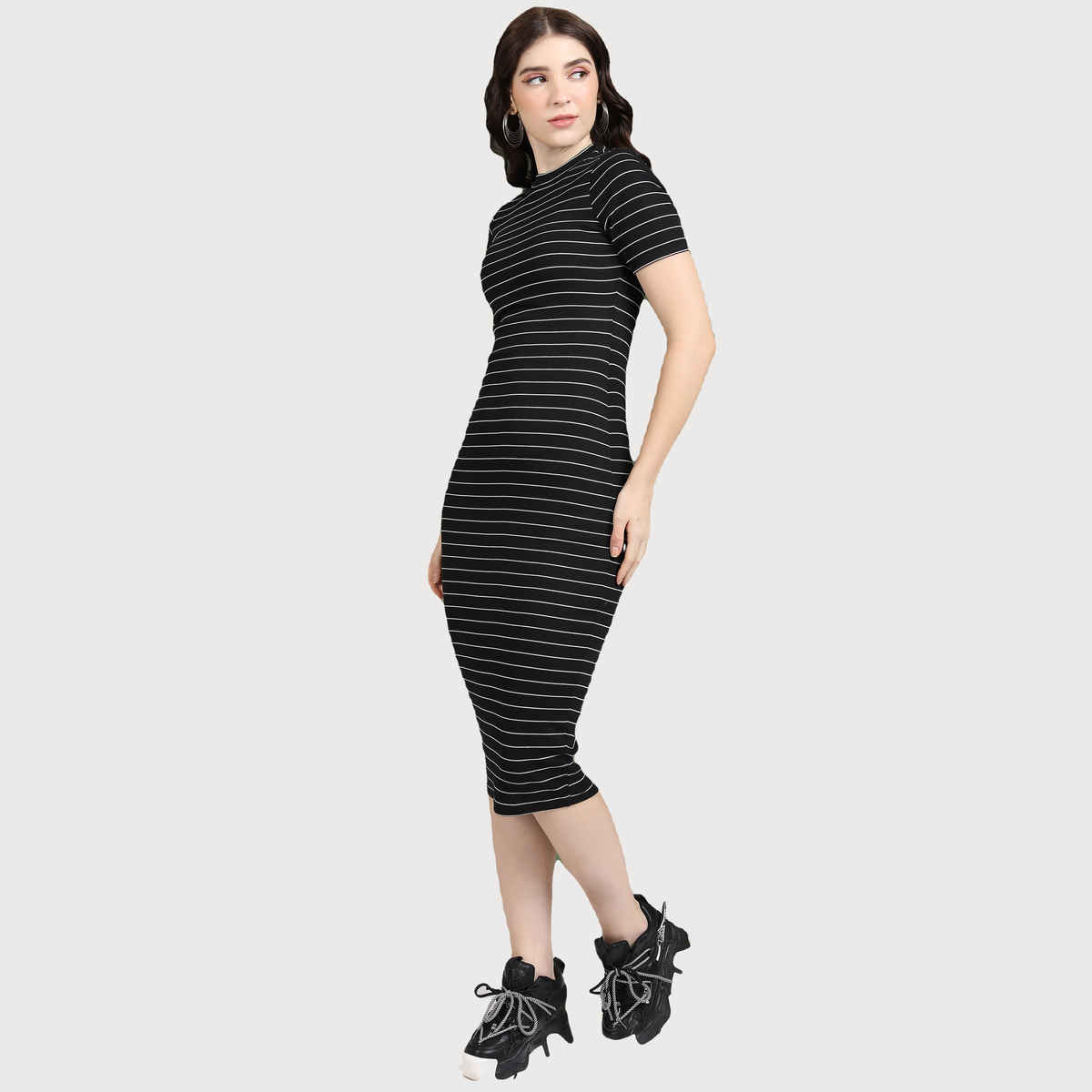 Tokyo Talkies Women's Striped Bodycon Midi Dress | Black & White - S