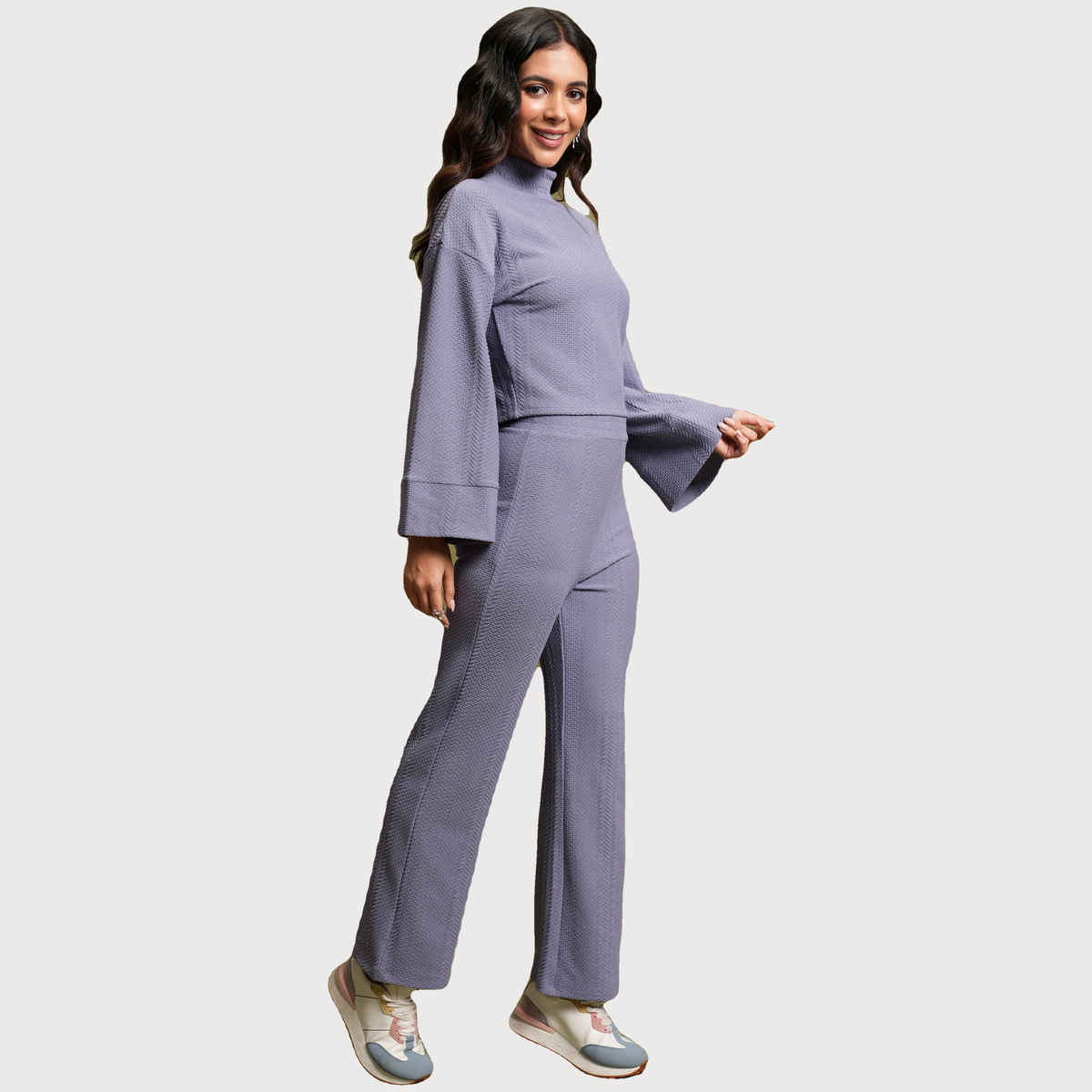 Tokyo Talkies Women's High Neck Crop Top with Bootcut Trouser | Purple - M