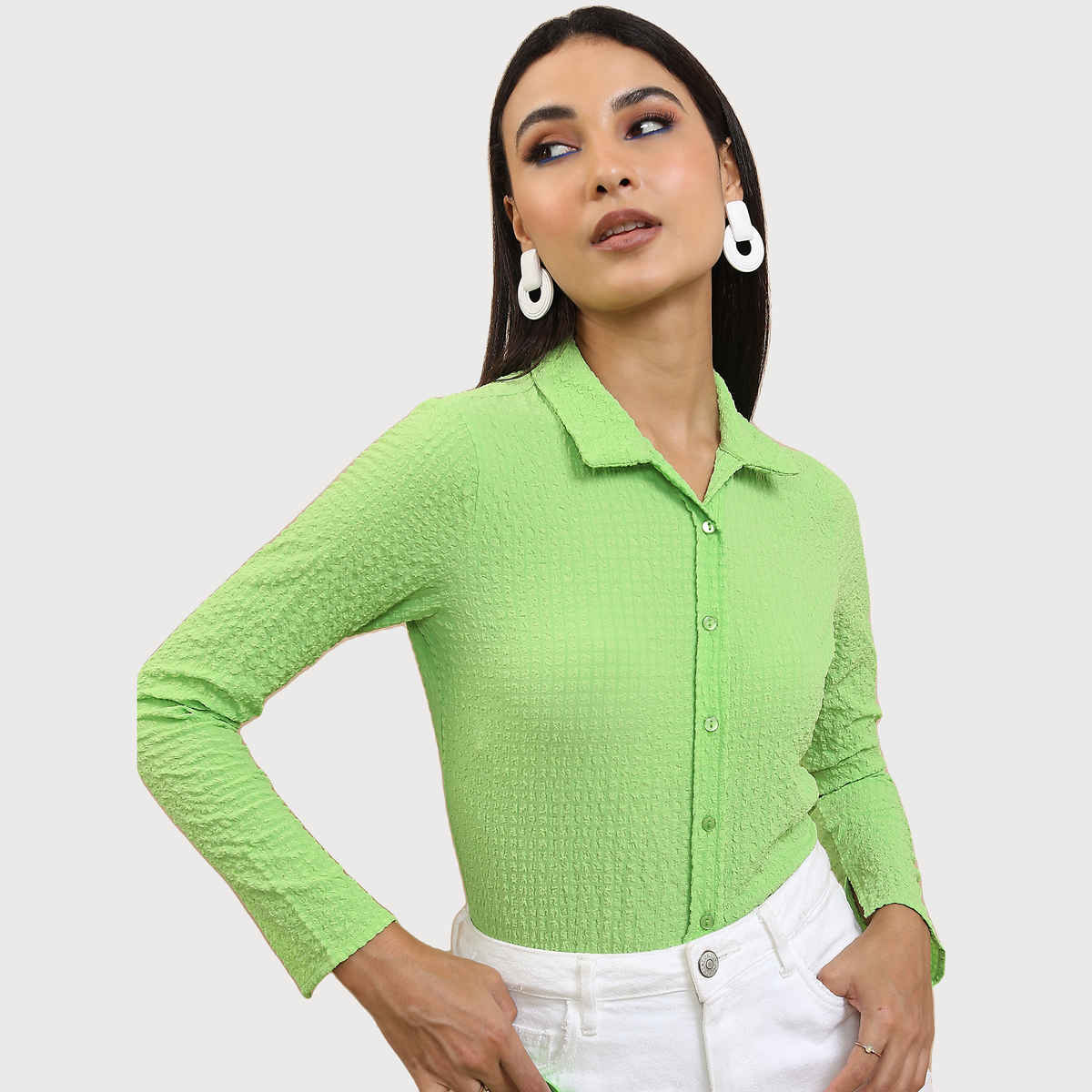 Tokyo Talkies Women's Self Designed Casual Shirt | Green - XL