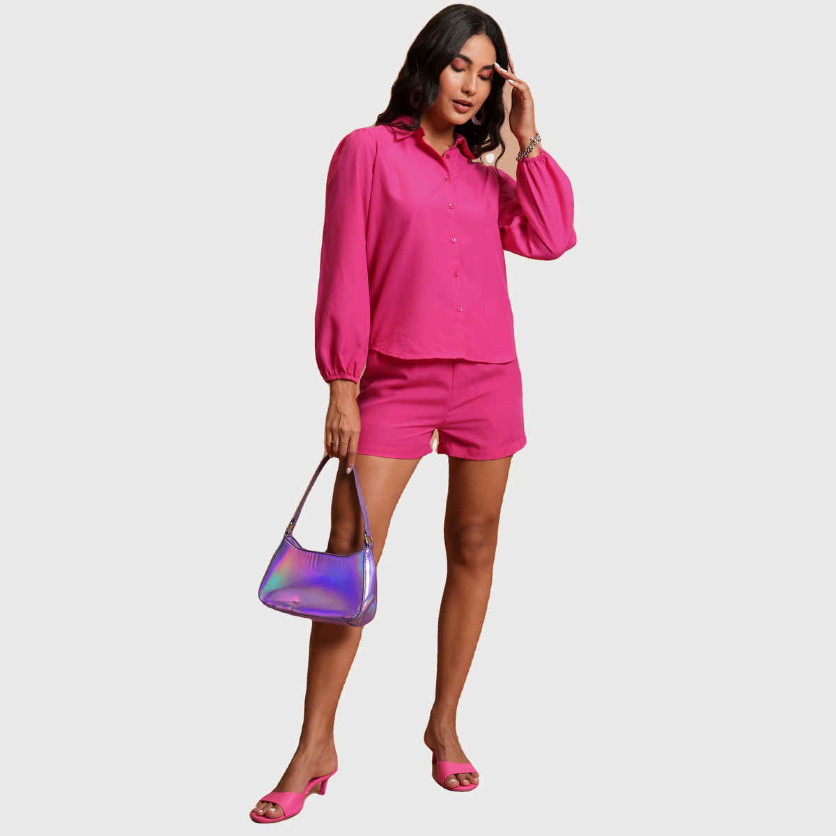 Tokyo Talkies Women's Self Design Shirt with Shorts | Multicolour - S