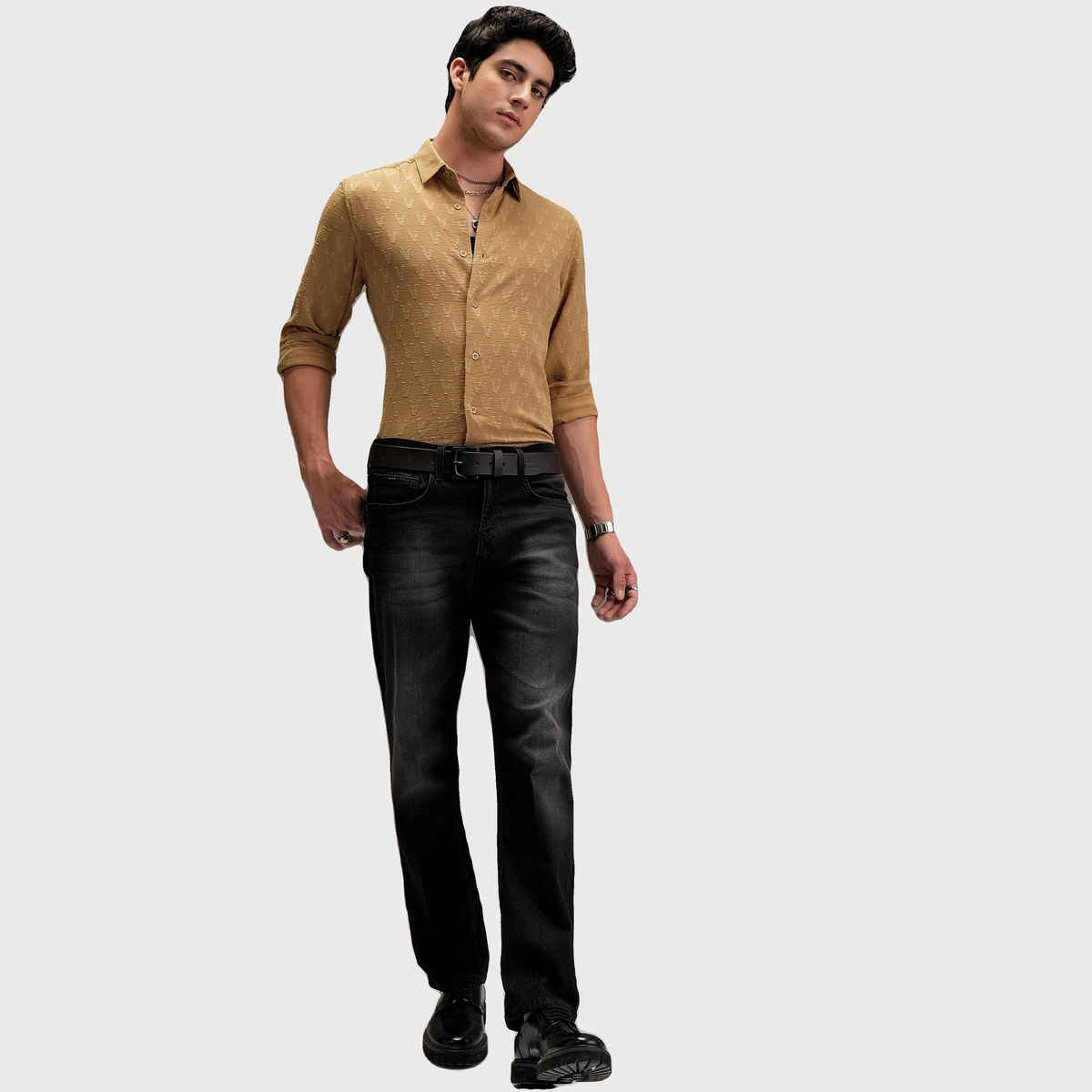 Locomotive Men's Luxe Jacquard Textured Party Shirt | Khaki - XL