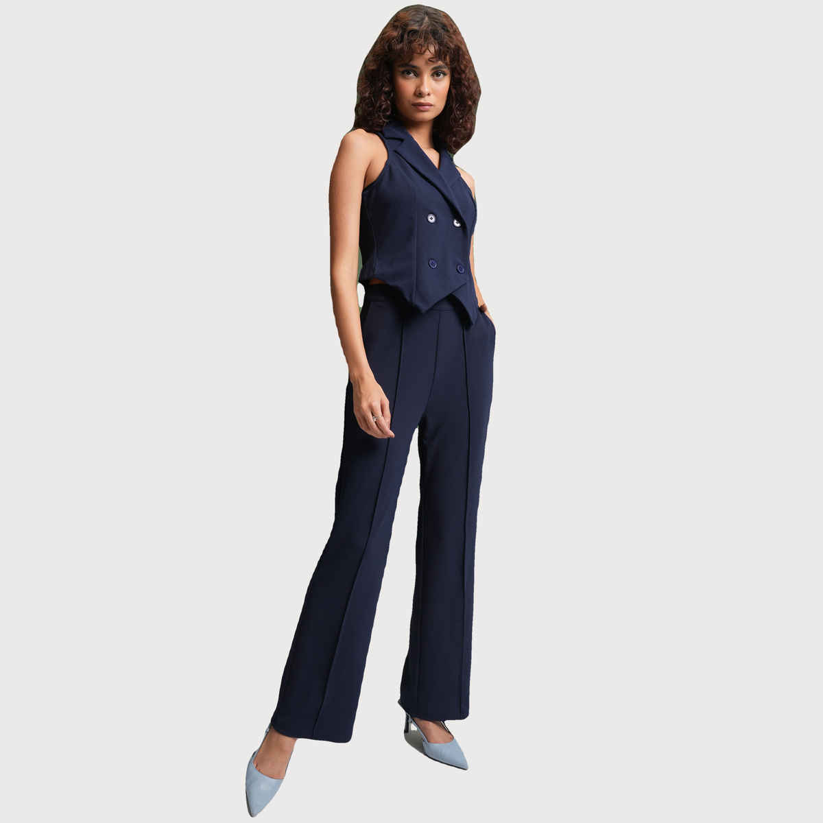 Tokyo Talkies Women's Notched Lapel-Collar Waistcoat With Trousers | Blue - M