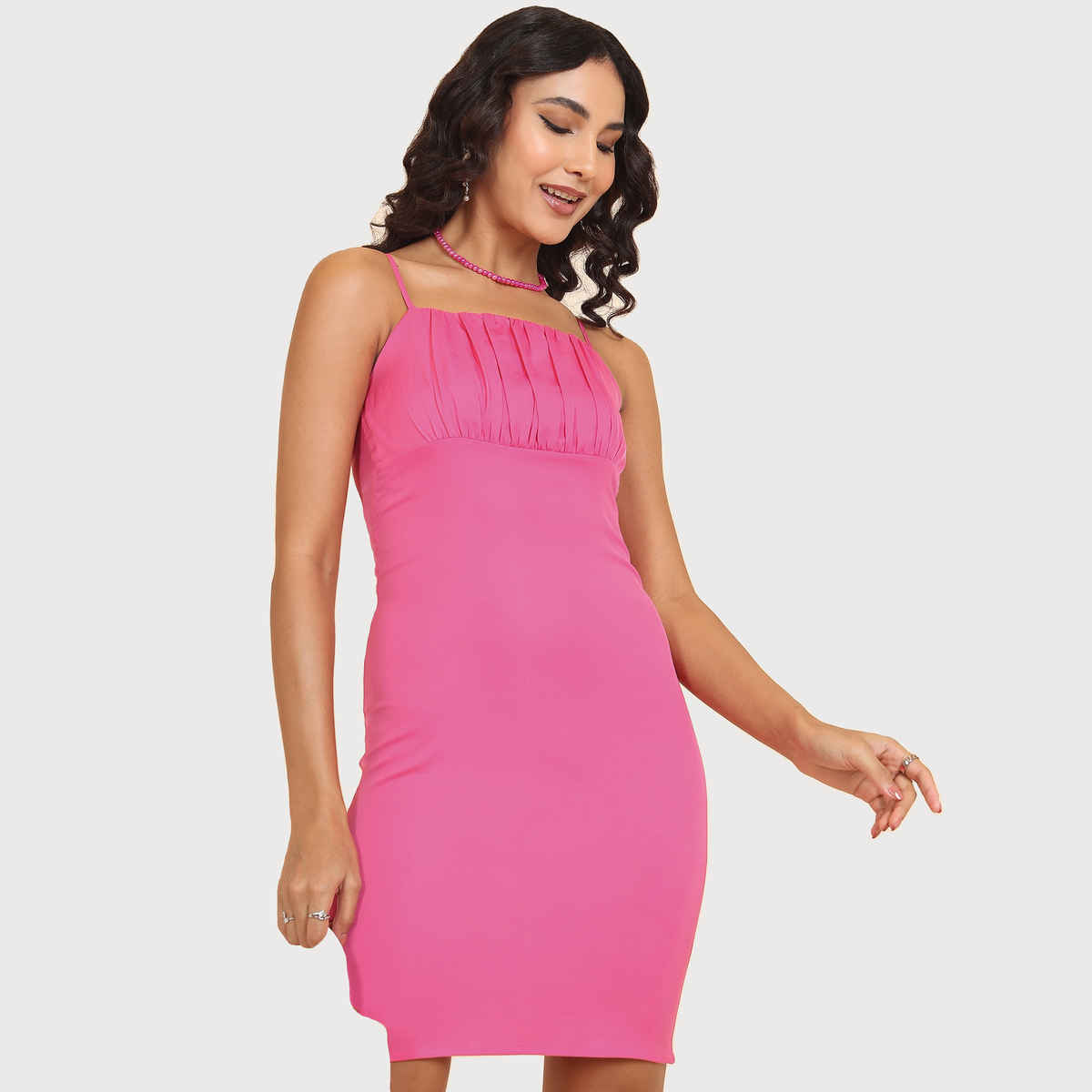 Tokyo Talkies Women's Shoulder Straps Sleeveless Pleated Sheath Dress | Pink - L