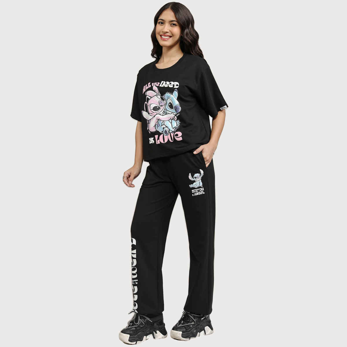 Tokyo Talkies Women's Disney Stitch T-shirt with Jogger Co-Ords | Black - S