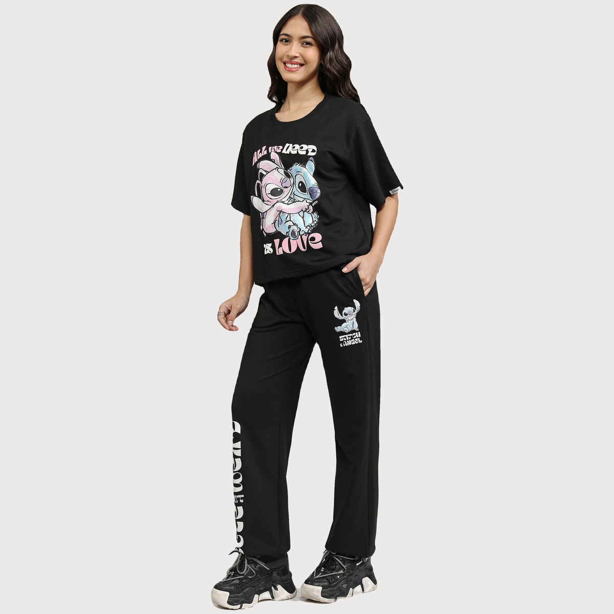 Tokyo Talkies Women's Disney Stitch T-shirt with Jogger Co-Ords | Black - L