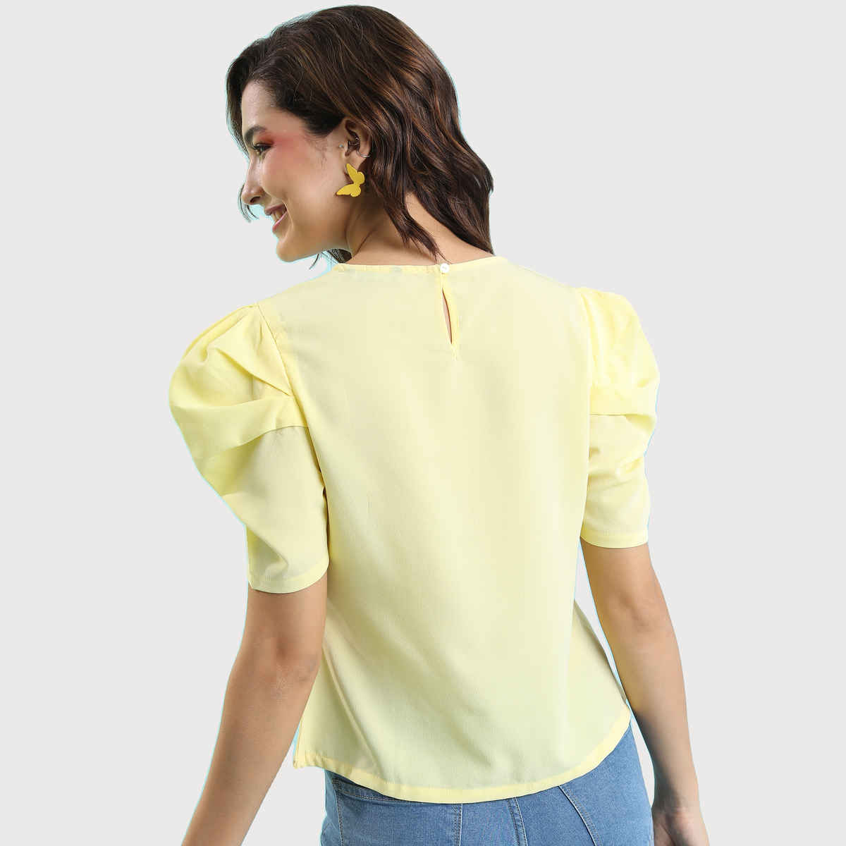 Tokyo Talkies Women's Round Neck Puff Sleeves Top | Yellow - M