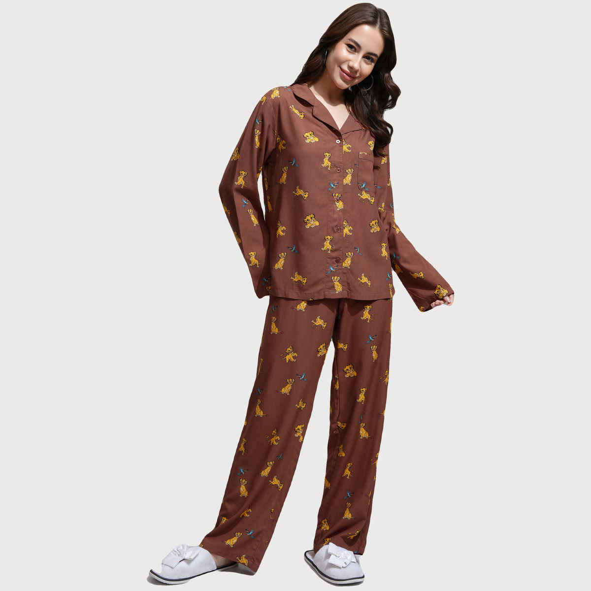 Tokyo Talkies Women's Disney Lion King Printed Sleepwear Co-Ord Set | Brown - XL