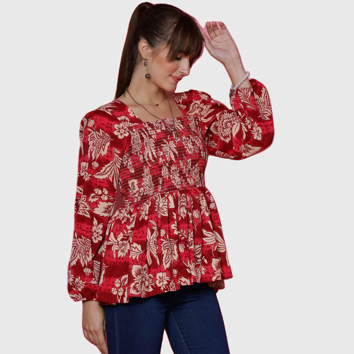 Sheetal Women's Floral Printed Top | 5107 | Red - M