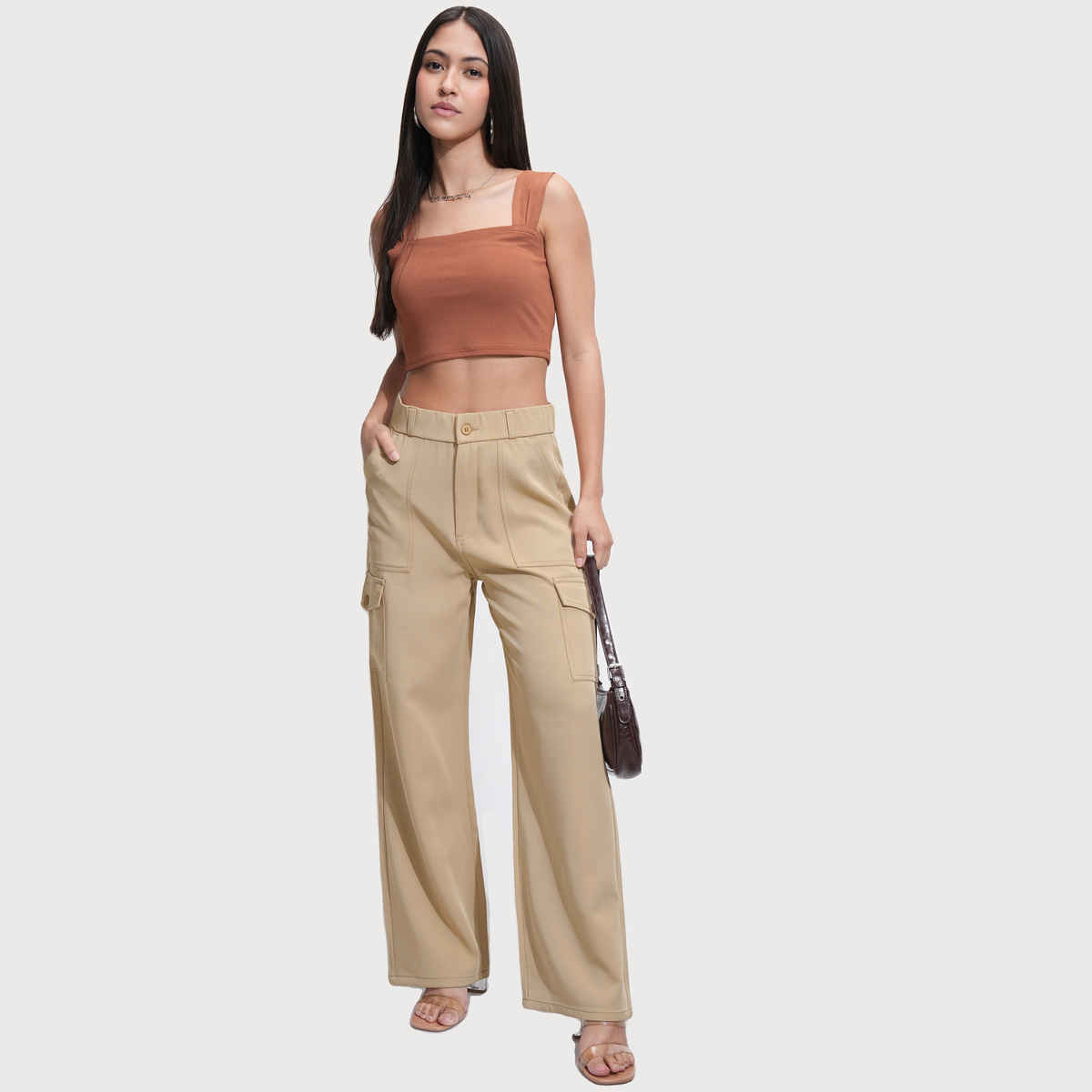 Tokyo Talkies Women's Khaki High Rise Straight Fit Cargo Trouser | Khaki - L