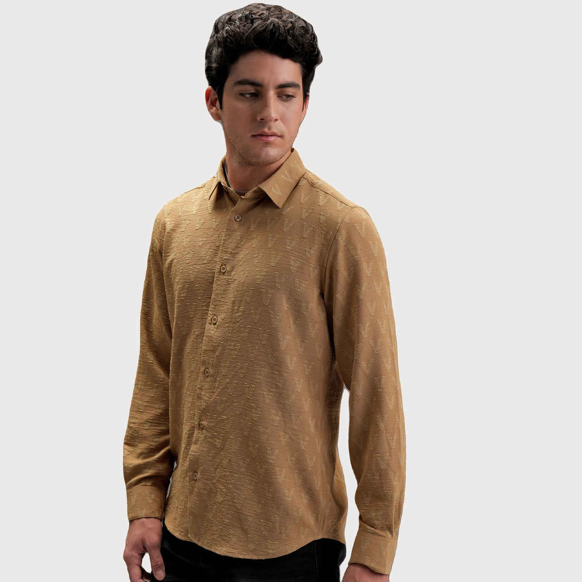 Locomotive Men's Luxe Jacquard Textured Party Shirt | Khaki - XL