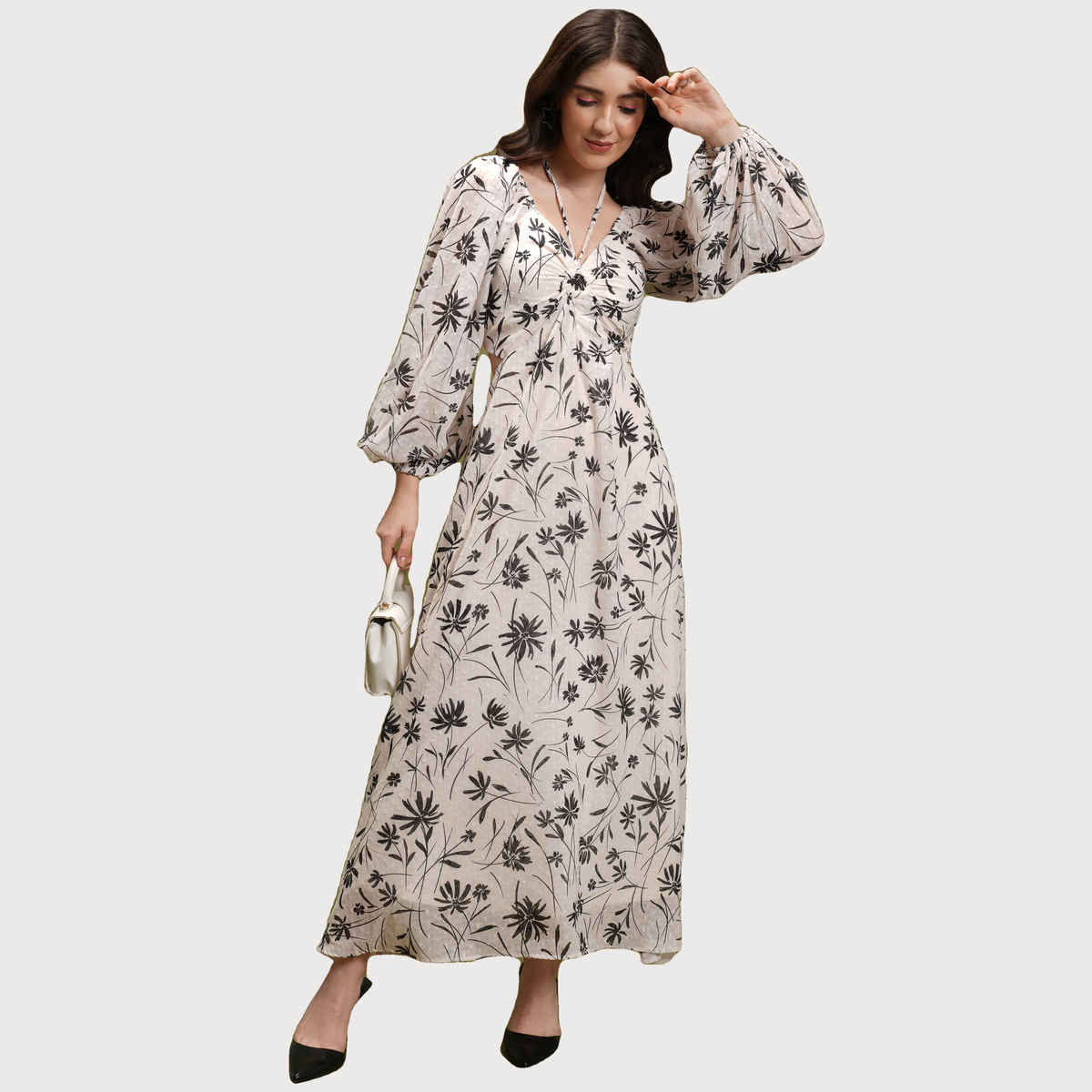 Tokyo Talkies Women's Floral Printed Tie Up Neck Puff Sleeve Cut Out Maxi Dress | Off White - S
