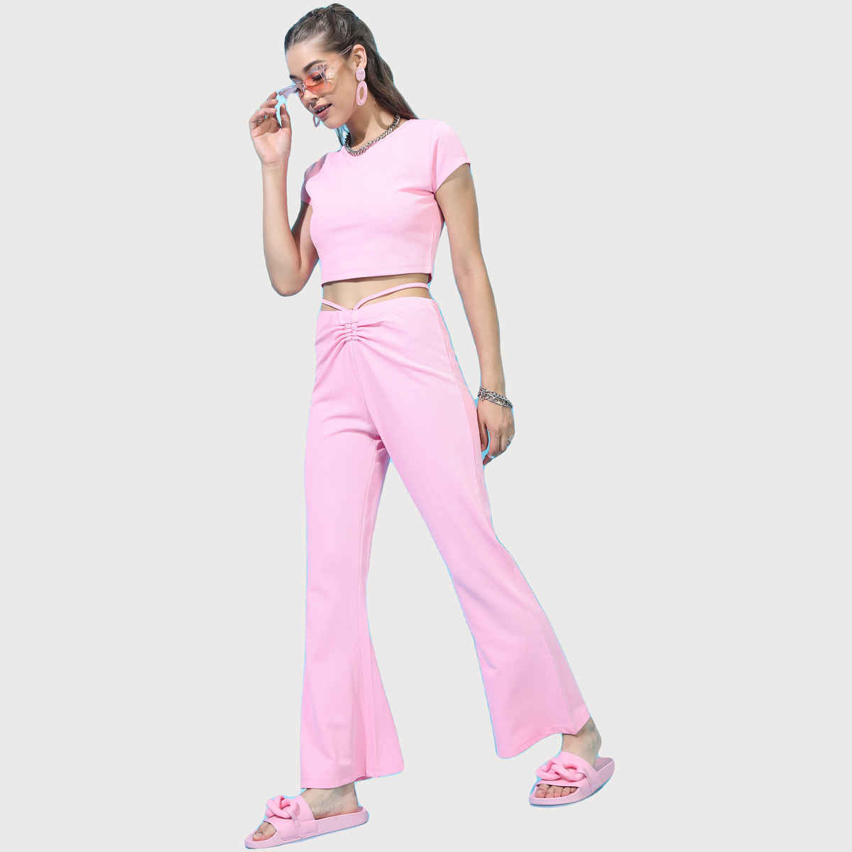 Tokyo Talkies Women's Pretty Solid Top with Trouser | Pink - L