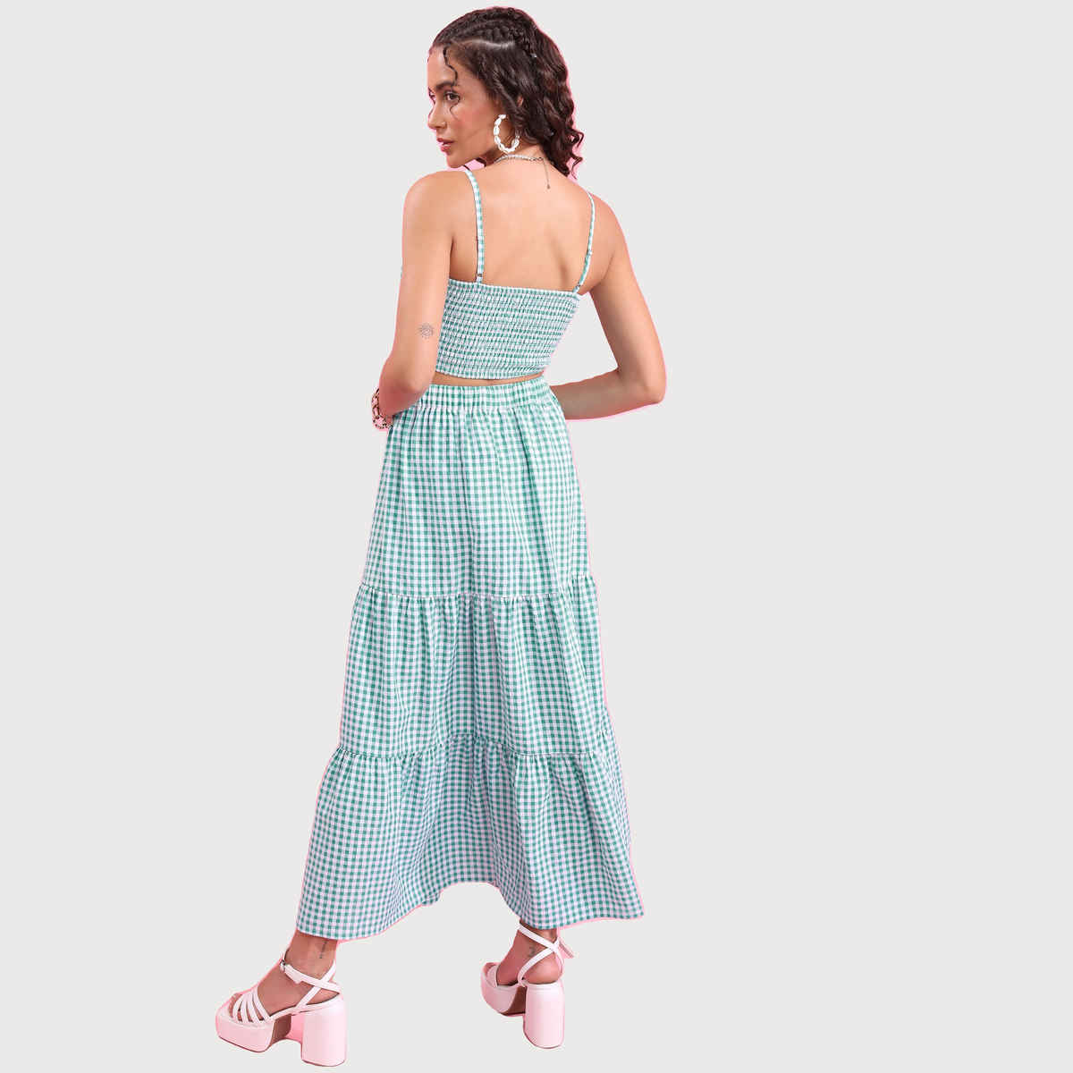 Tokyo Talkies Women's Check Cut Out Cropped Fitted Top with Maxi Skirt | Green - M