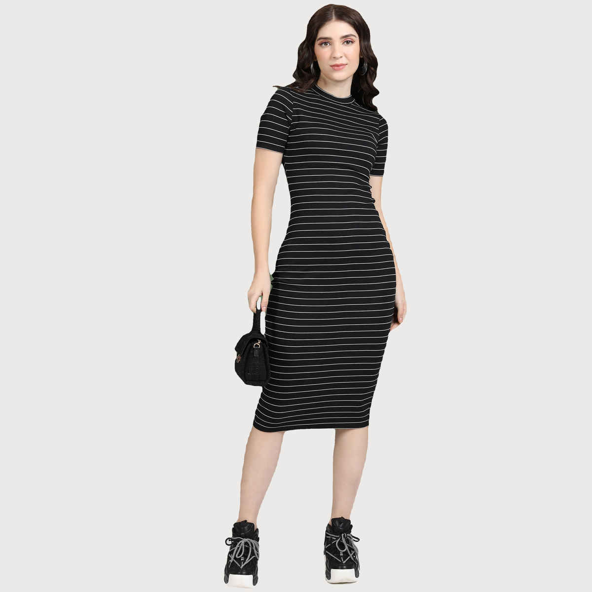 Tokyo Talkies Women's Striped Bodycon Midi Dress | Black & White - S