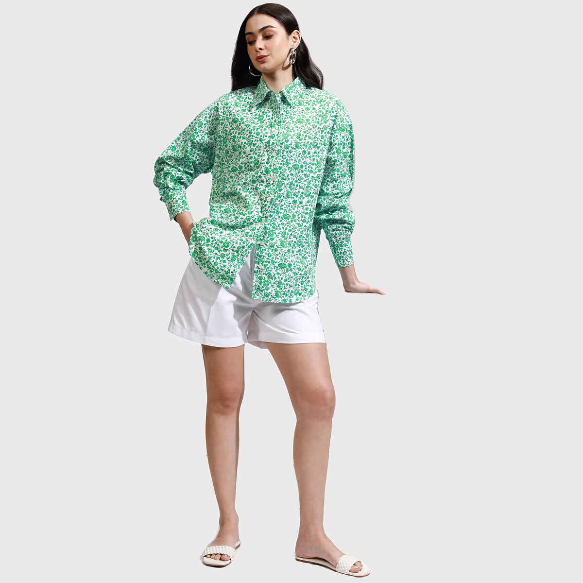 Tokyo Talkies Women's Floral Buttondown Oversized Shirt | Green - M