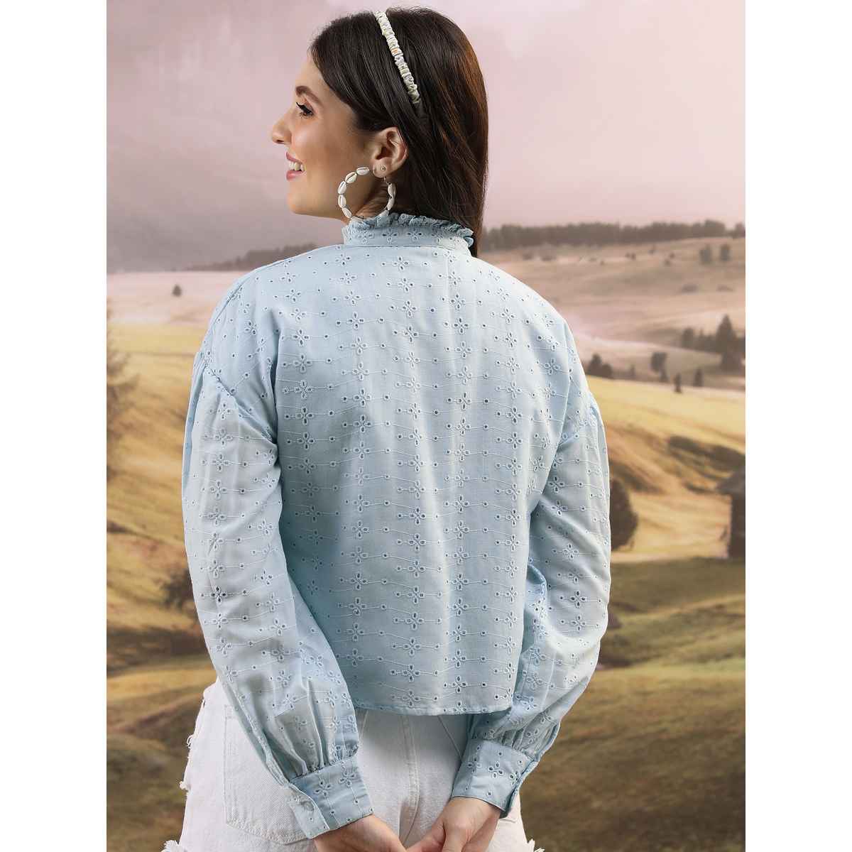 Tokyo Talkies Women's Self Design Mandarin Collar Puffed Sleeves Shirt Style Top | Blue - S